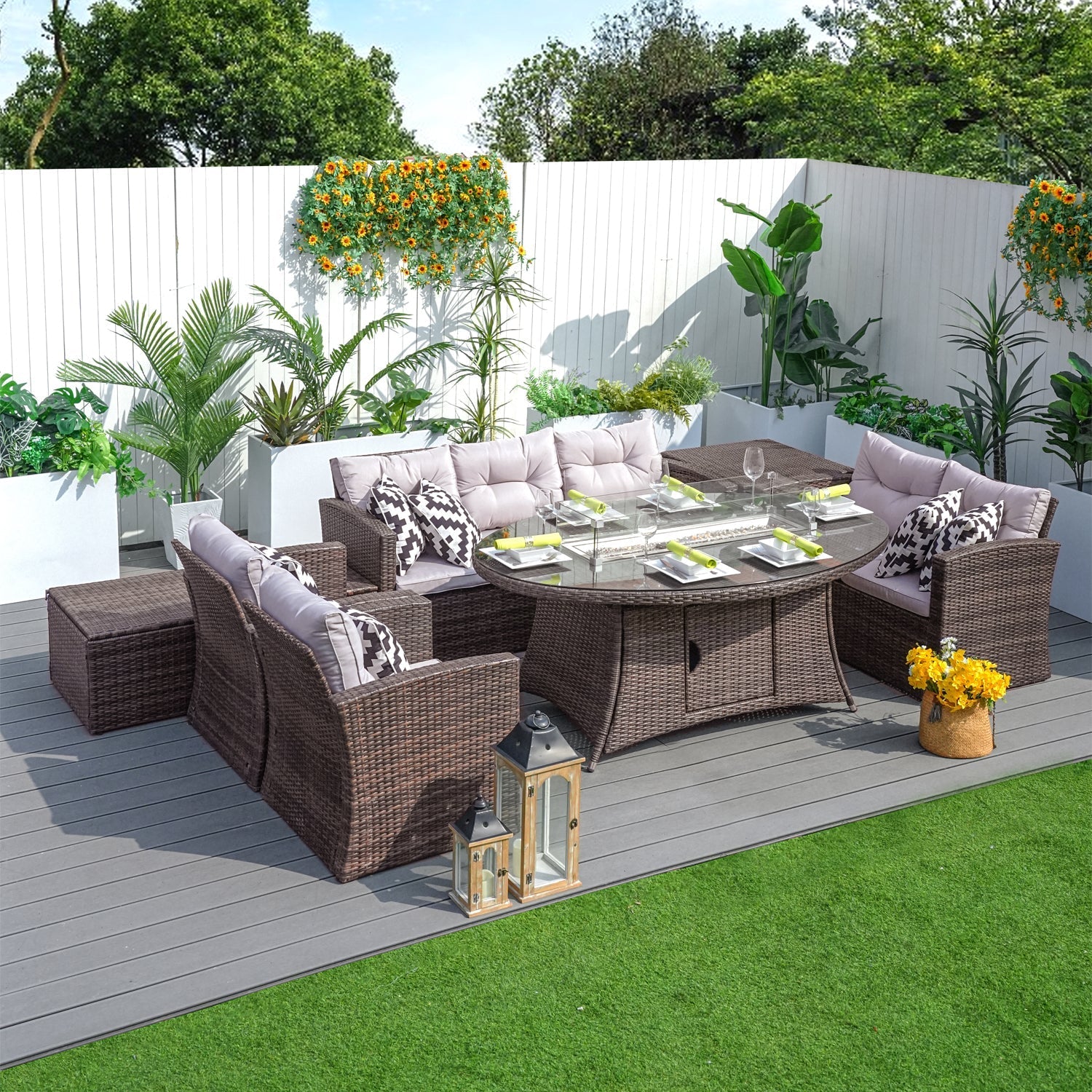 Parma 6-Seat Outdoor Fire Pit Dining Set – Oval Gas Fire Pit Table (PAG-1106O) - Direct Wicker