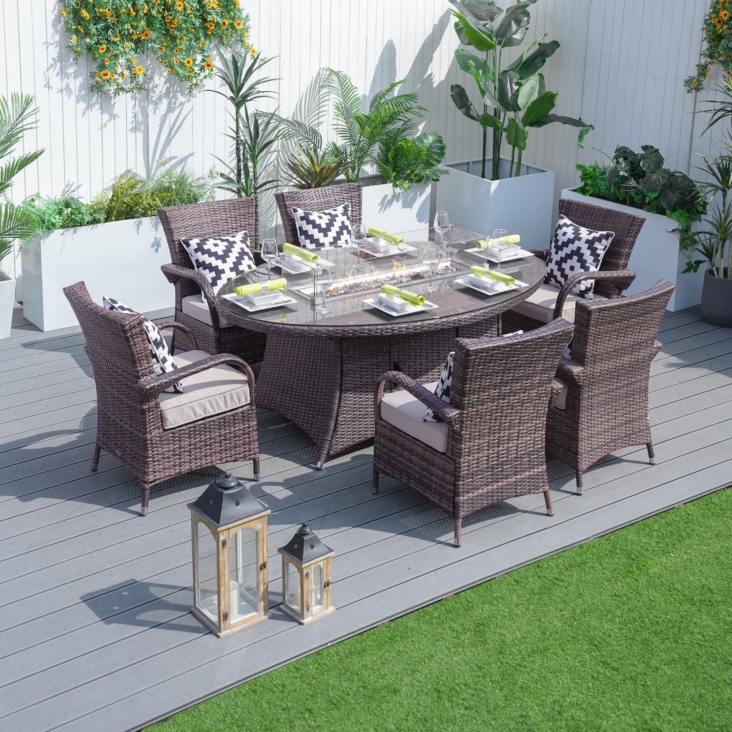 Parma 6-Seat Outdoor Fire Pit Dining Set – Oval Gas Fire Pit Table (PAG-1106O) - Direct Wicker