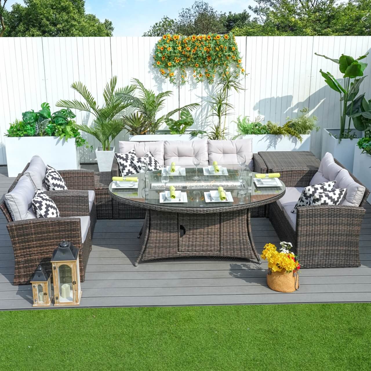 Parma 6-Seat Outdoor Fire Pit Dining Set – Oval Gas Fire Pit Table (PAG-1106O) - Direct Wicker