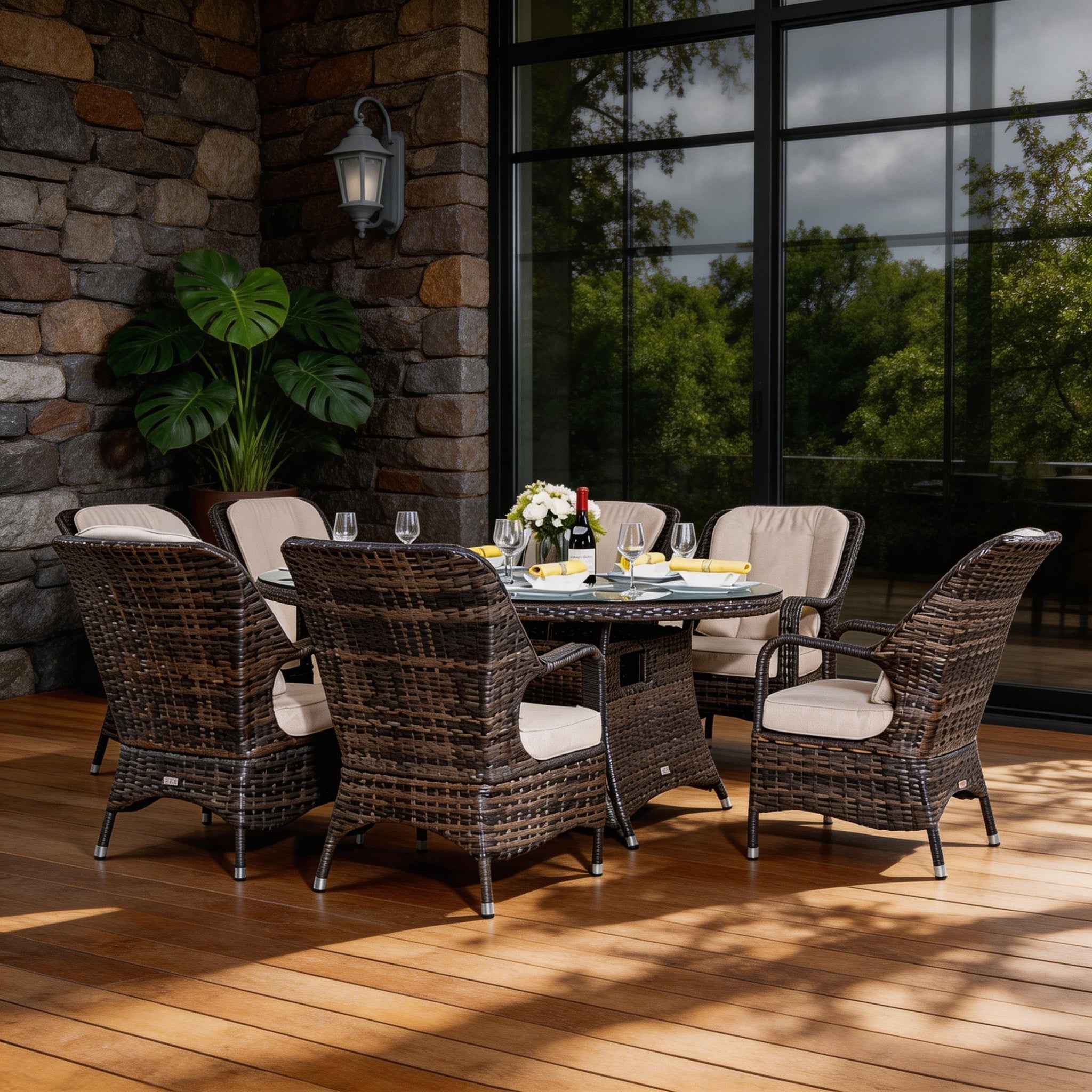 Parma 6-Seat Outdoor Fire Pit Dining Set – Oval Gas Fire Pit Table (PAG-1106O) - Direct Wicker