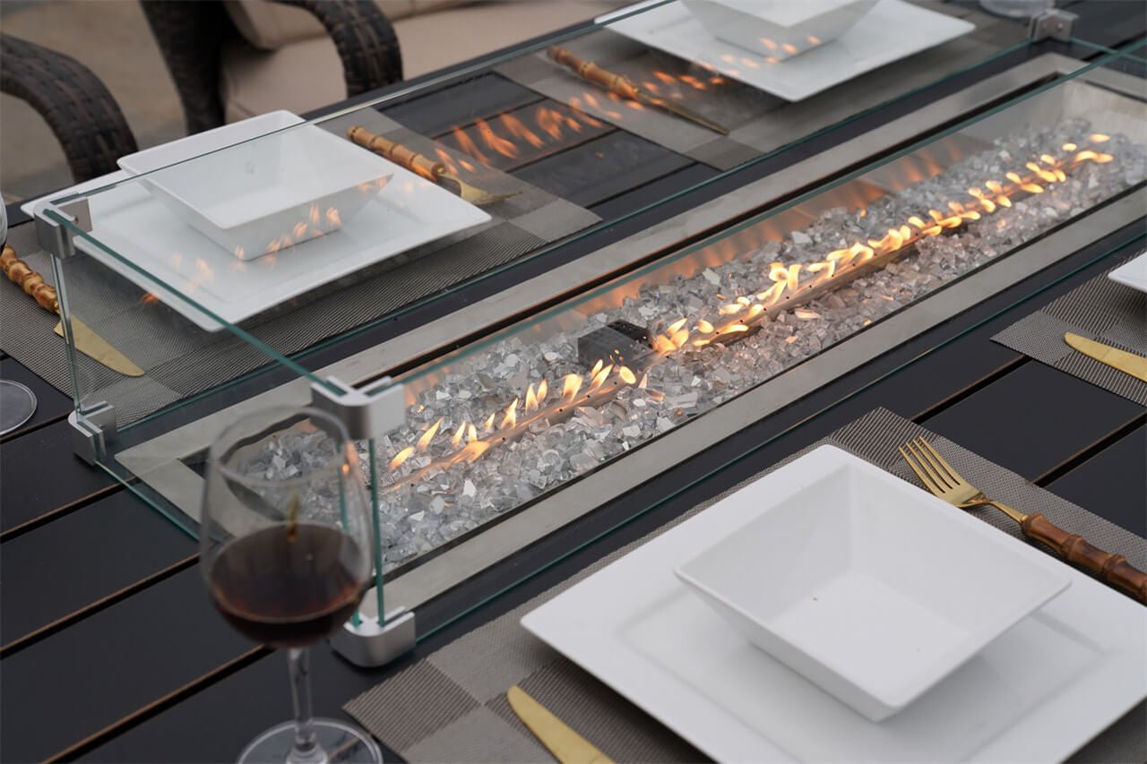 Parma 6-Seat Outdoor Fire Pit Dining Set - Rectangle Fire Pit Table with Aluminum Tabletop (PAG - 1106RA) - Direct Wicker