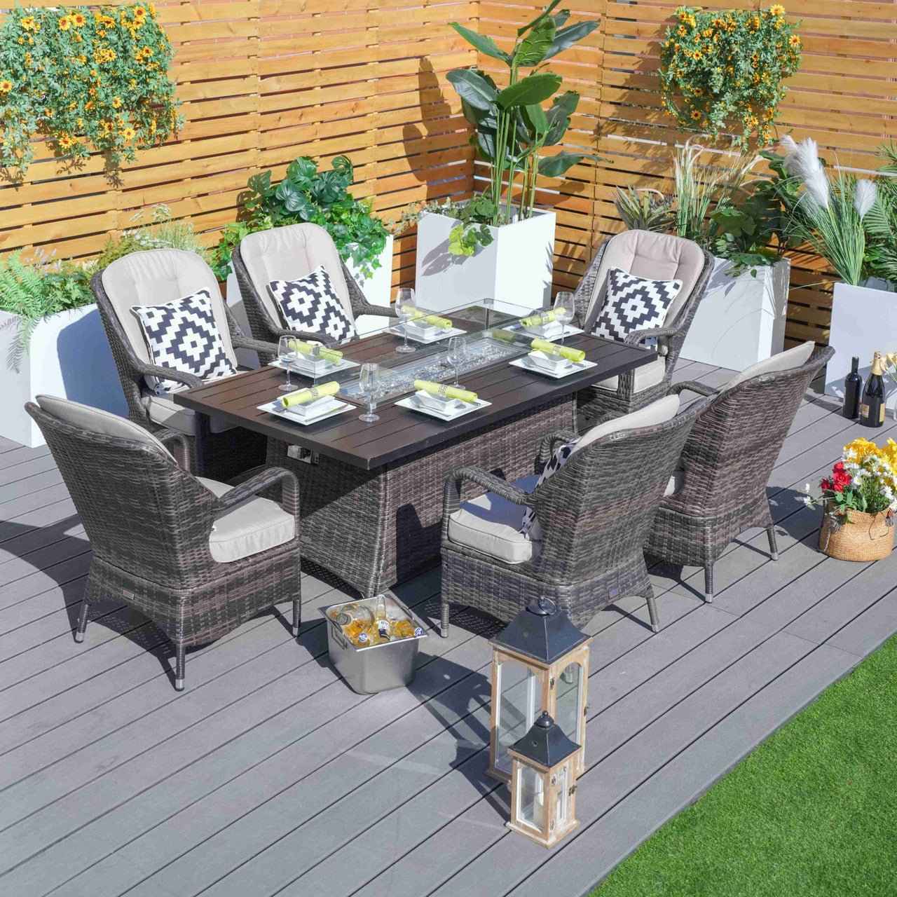 Parma 6-Seat Outdoor Fire Pit Dining Set- Fire Pit Table with Aluminum TableTop (PAG-1106RA)