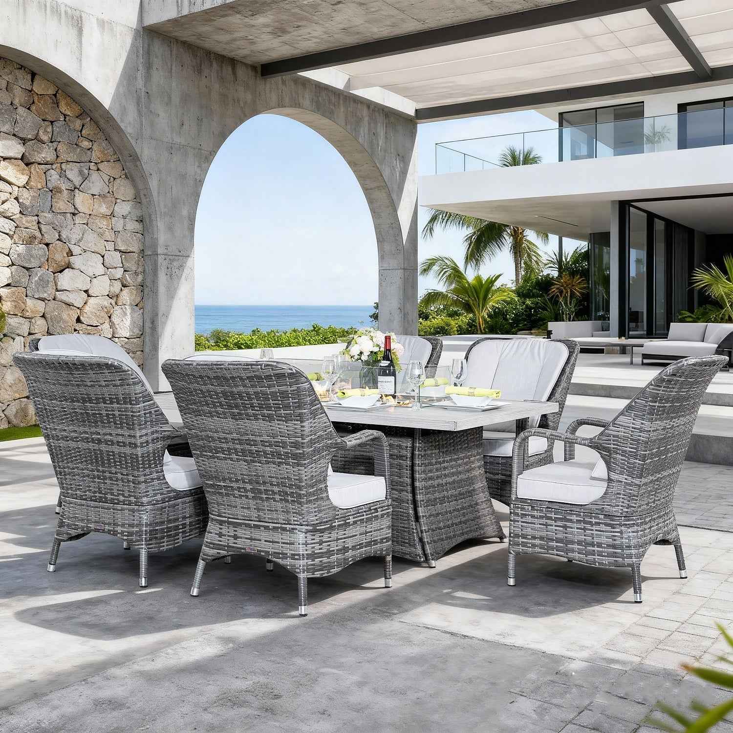 Parma 6-Seat Outdoor Fire Pit Dining Set - Rectangle Fire Pit Table with Aluminum Tabletop (PAG - 1106RA) - Direct Wicker