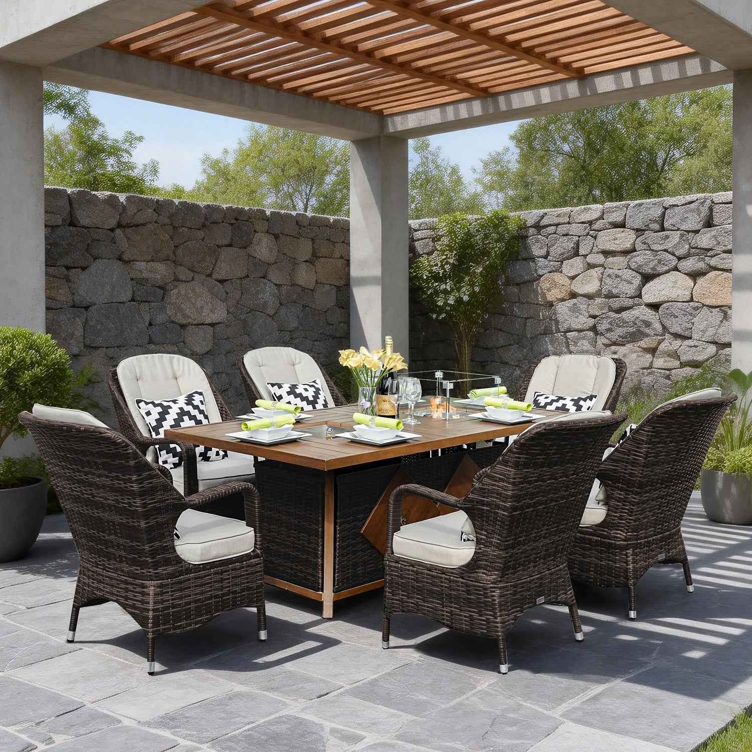 Parma 6 - Seat Outdoor Fire Pit Dining Set - Rectangle Fire Pit Table with Ice Bucket (PAG - 1106FI) - Direct Wicker