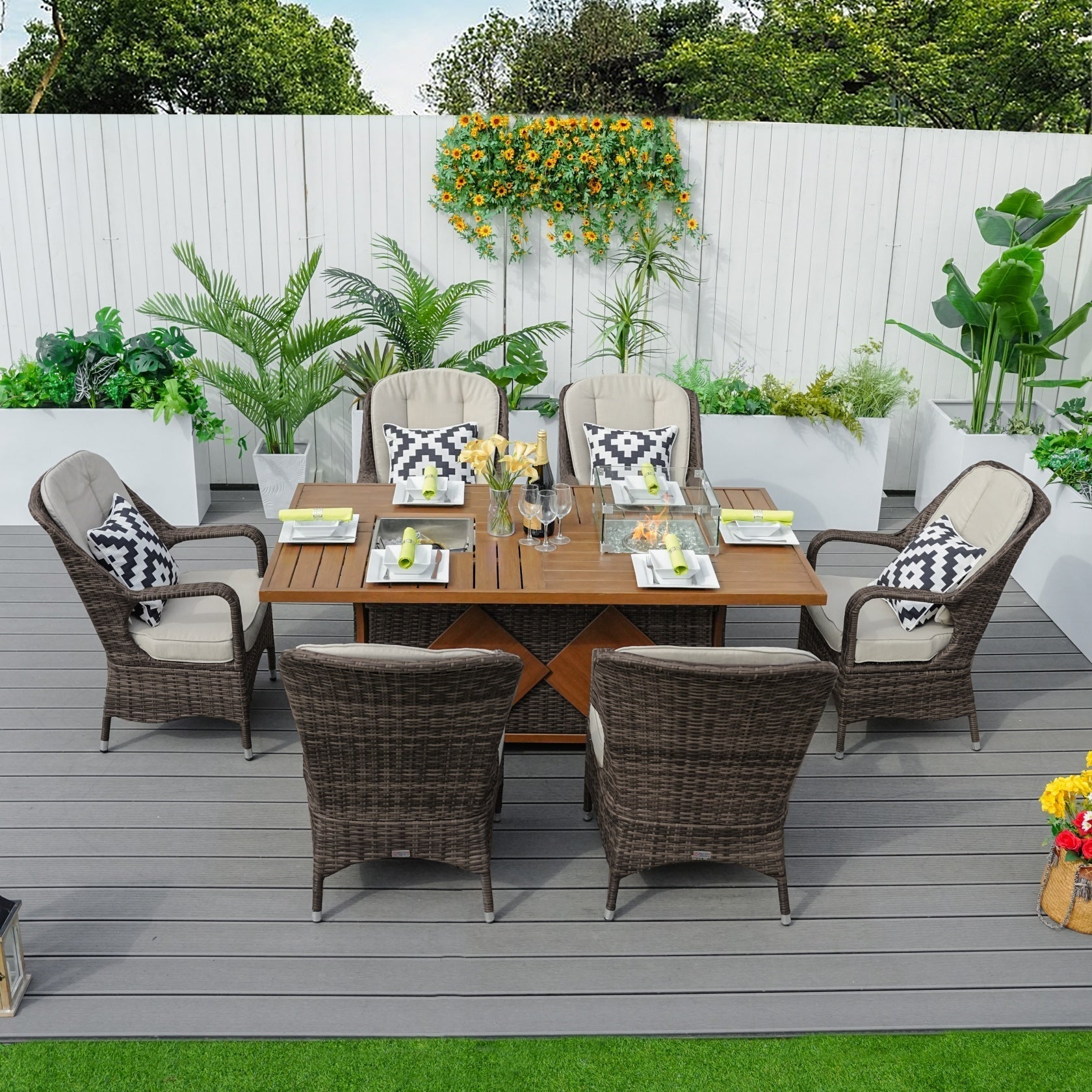 Parma 6 - Seat Outdoor Fire Pit Dining Set - Rectangle Fire Pit Table with Ice Bucket (PAG - 1106FI) - Direct Wicker