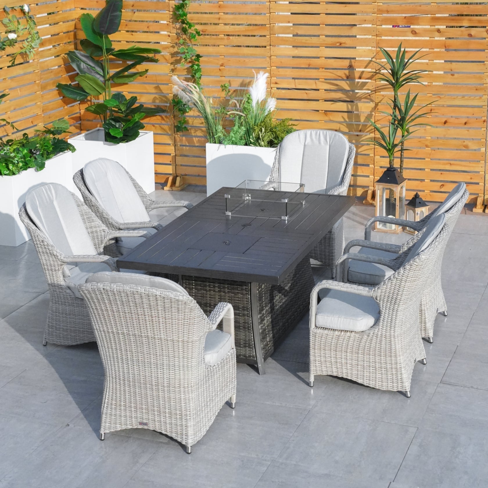 Parma 6 - Seat Outdoor Fire Pit Dining Set - Rectangle Fire Pit Table with Ice Bucket (PAG - 1106FI) - Direct Wicker