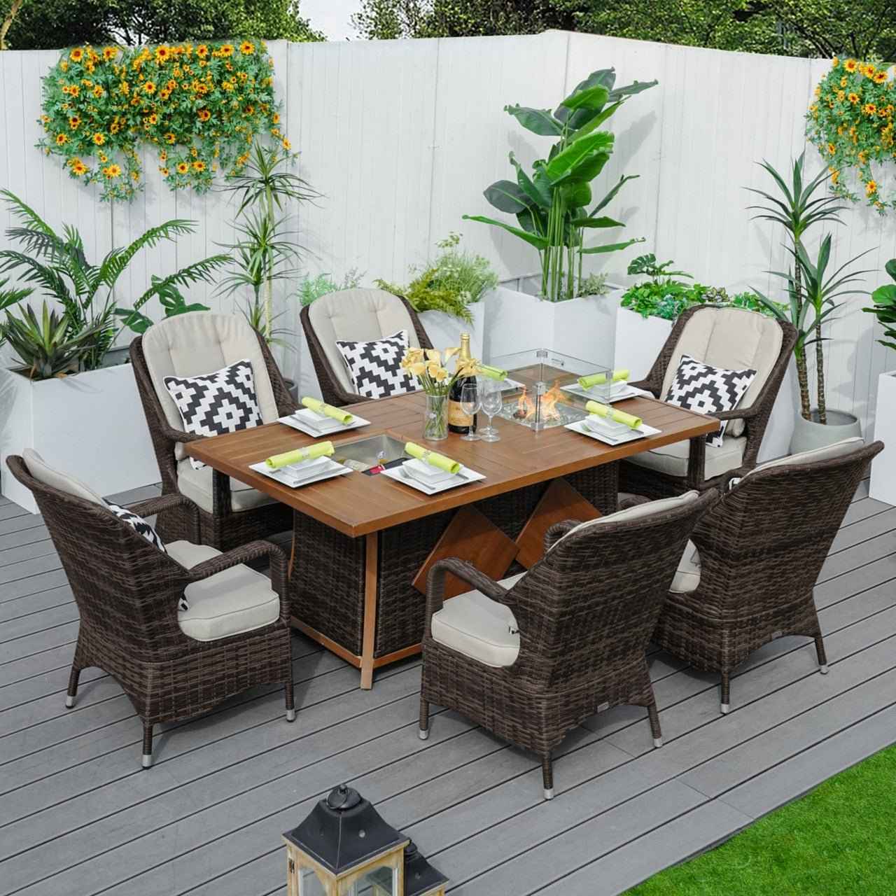 Parma 6-Seat Outdoor Fire Pit Dining Set-Rectangle Fire Pit Table with Ice Bucket (PAG-1106FI)