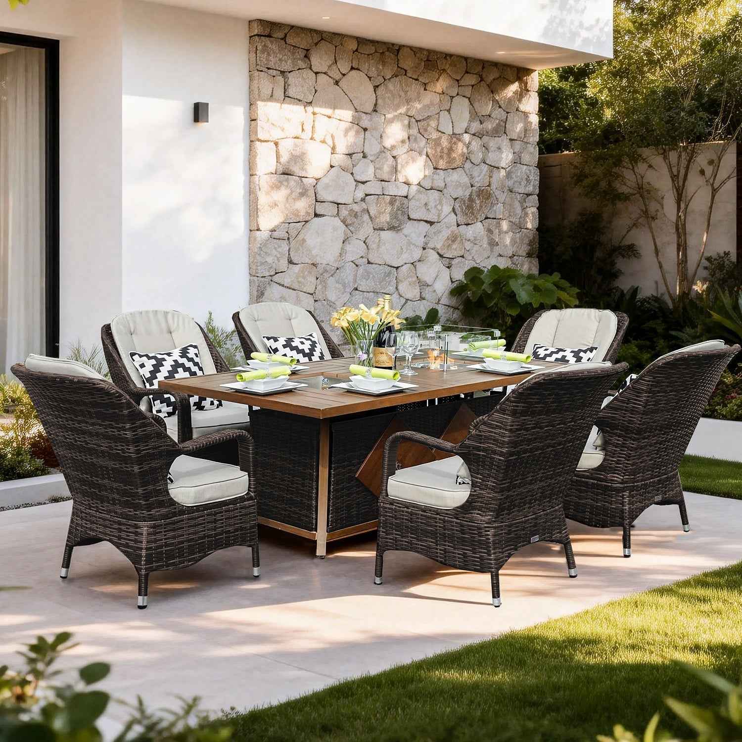 Parma 6 - Seat Outdoor Fire Pit Dining Set - Rectangle Fire Pit Table with Ice Bucket (PAG - 1106FI) - Direct Wicker