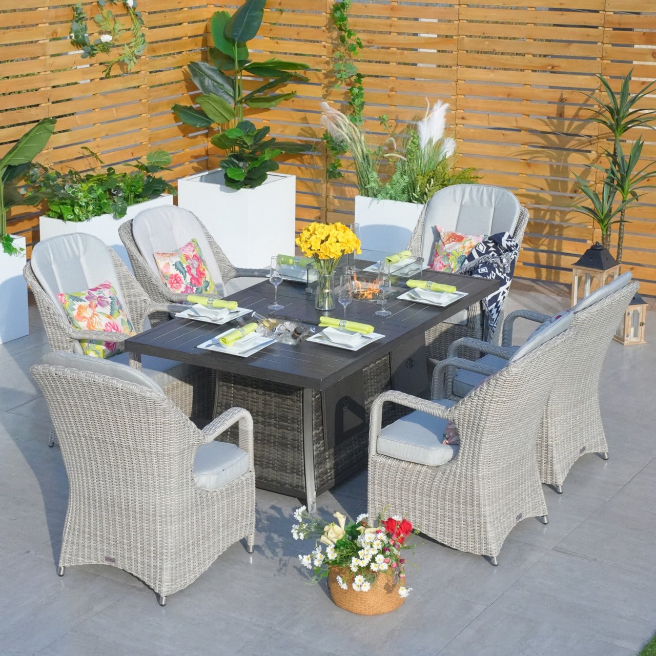 Parma 6 - Seat Outdoor Fire Pit Dining Set - Rectangle Fire Pit Table with Ice Bucket (PAG - 1106FI) - Direct Wicker