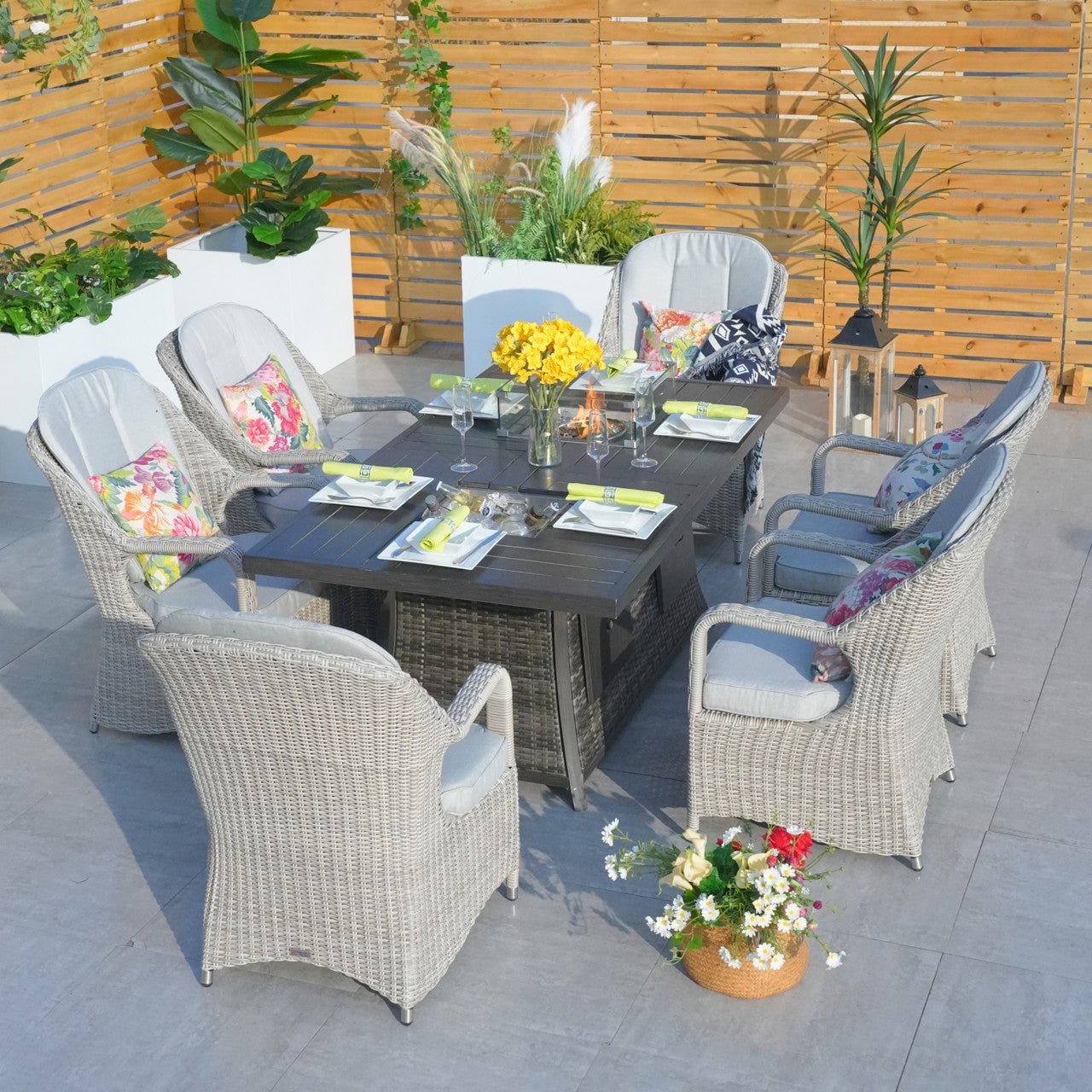 Parma 6 - Seat Outdoor Fire Pit Dining Set - Rectangle Fire Pit Table with Ice Bucket (PAG - 1106FI) - Direct Wicker