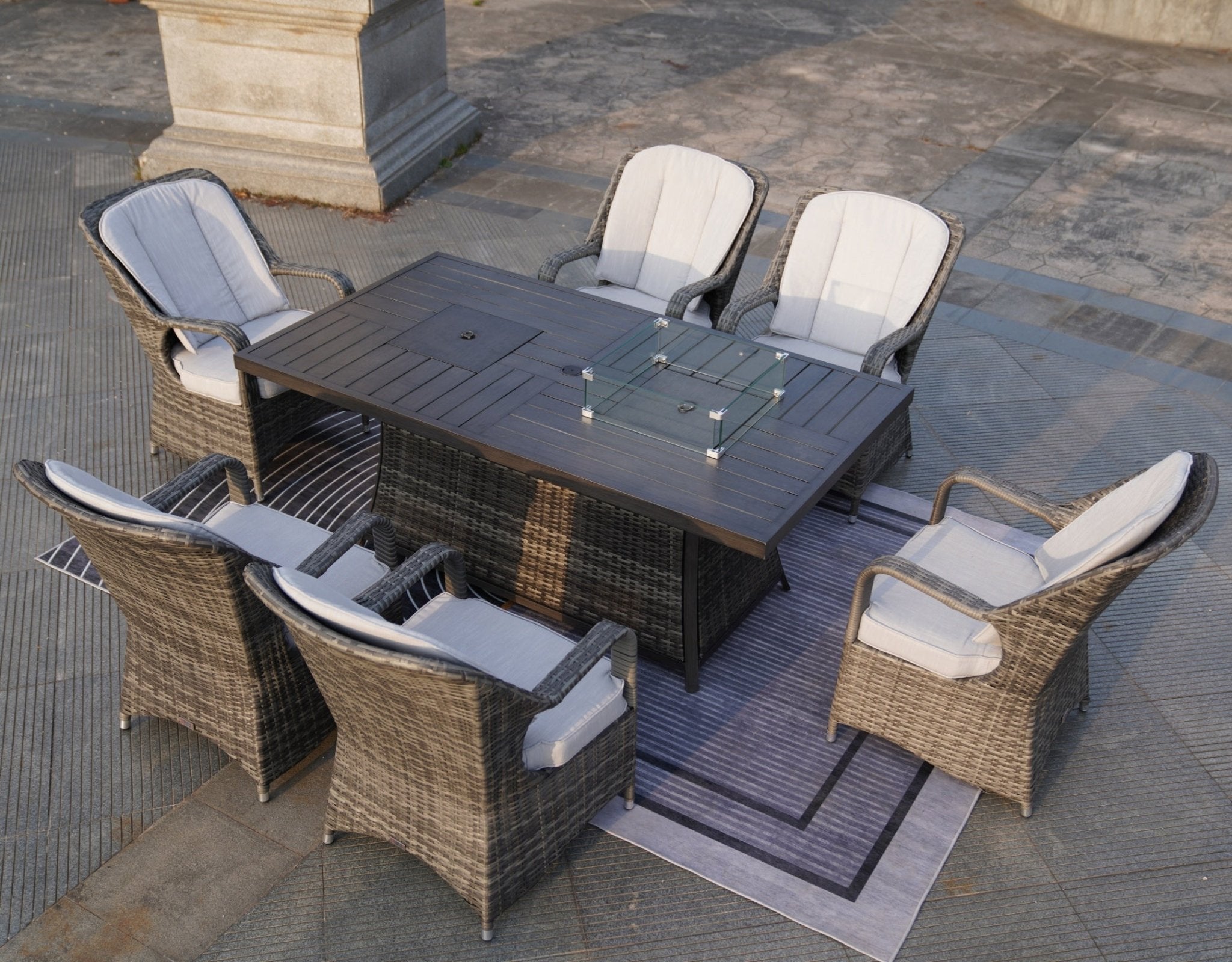 Parma 6 - Seat Outdoor Fire Pit Dining Set - Rectangle Fire Pit Table with Ice Bucket (PAG - 1106FI) - Direct Wicker