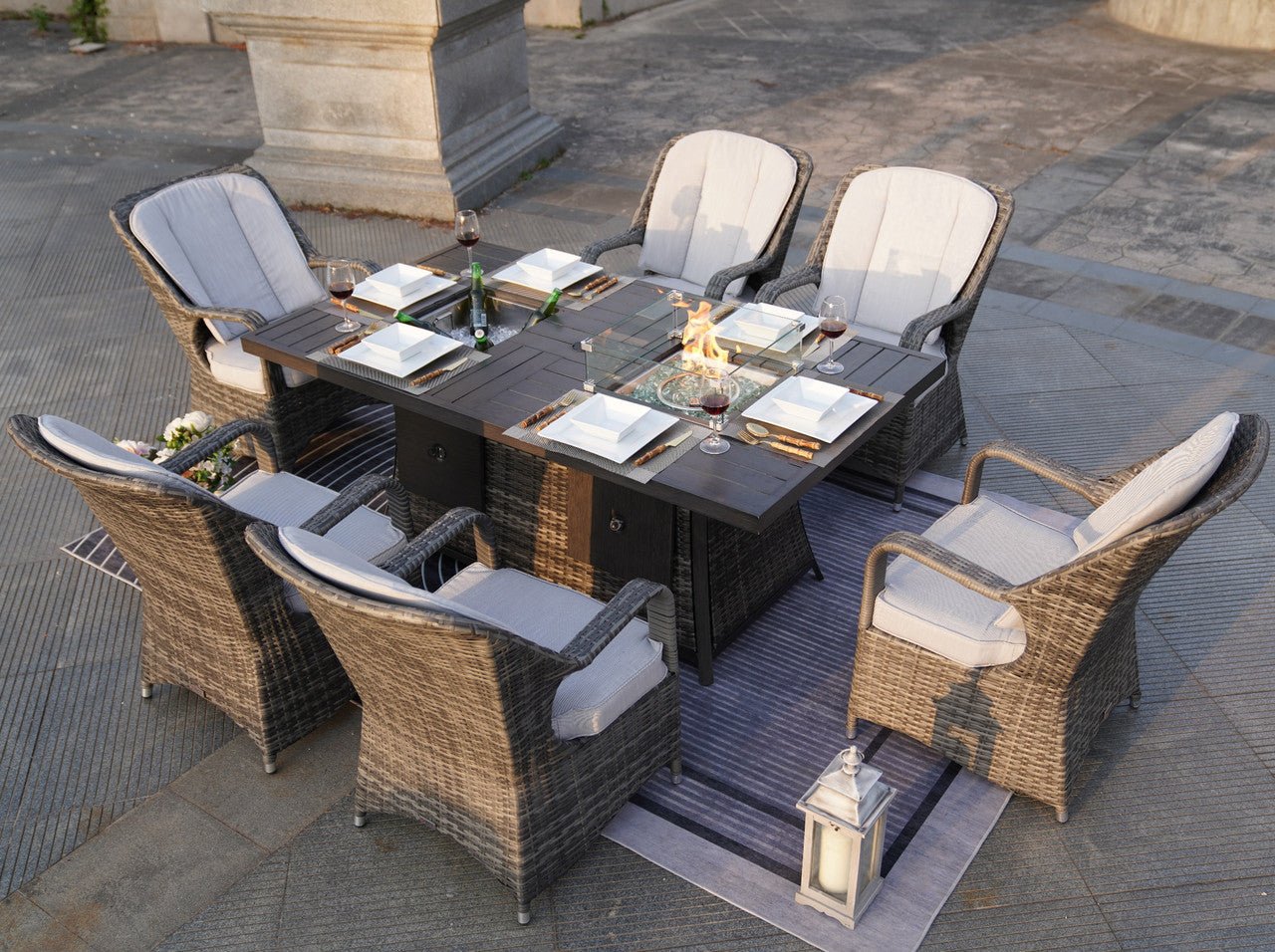 Parma 6 - Seat Outdoor Fire Pit Dining Set - Rectangle Fire Pit Table with Ice Bucket (PAG - 1106FI) - Direct Wicker