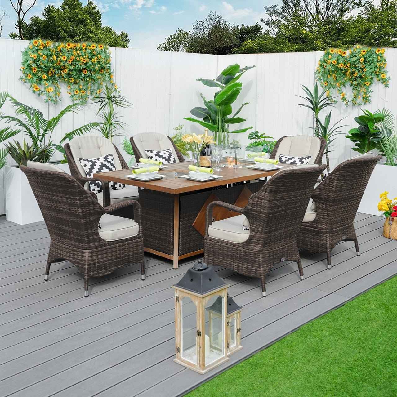 Parma 6-Seat Outdoor Fire Pit Dining Set-Rectangle Fire Pit Table with Ice Bucket (PAG-1106FI)