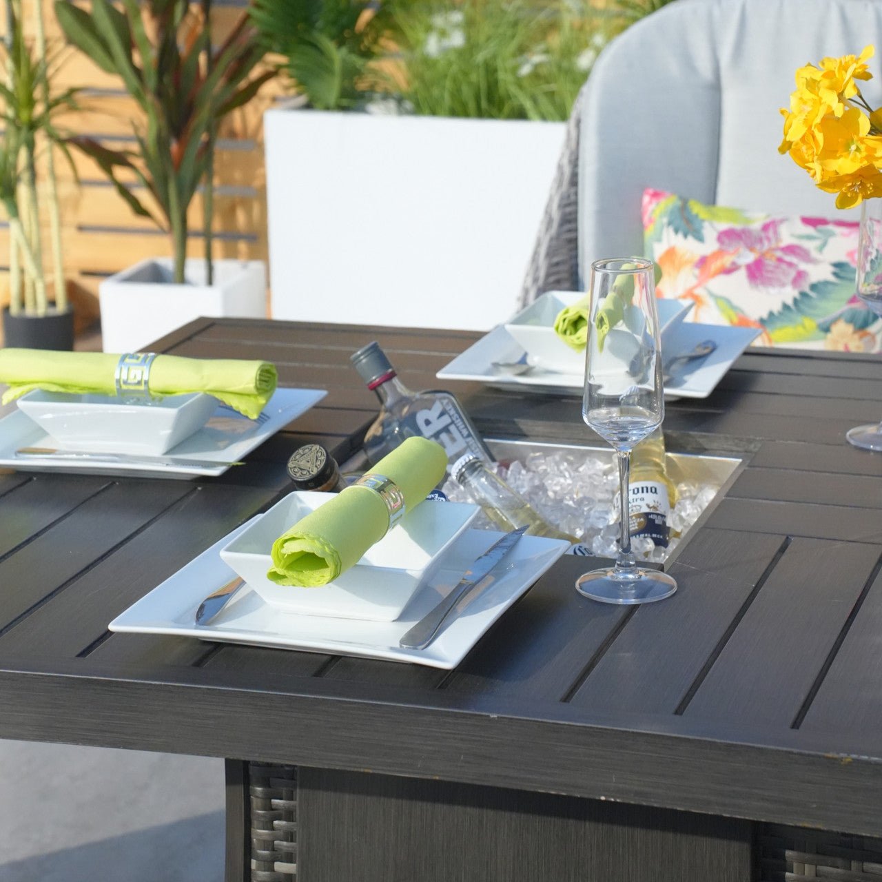 Parma 6 - Seat Outdoor Fire Pit Dining Set - Rectangle Fire Pit Table with Ice Bucket (PAG - 1106FI) - Direct Wicker