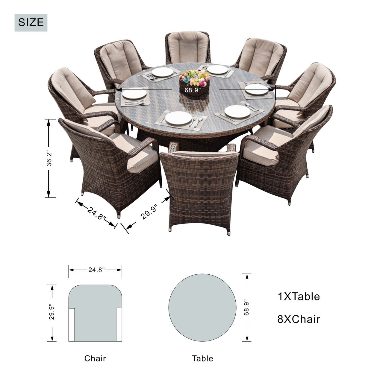Parma 8 - Seater Outdoor Dining Set with Round Dining Table (PAD - 1714+009) - Direct Wicker