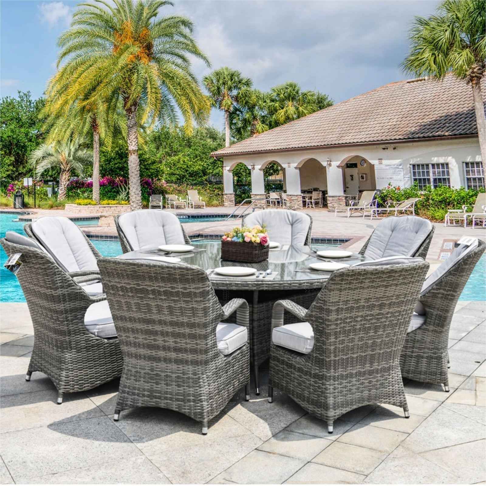 Parma 8-Seat Outdoor Dining Set with Round Dining Table (PAD-1714+009)