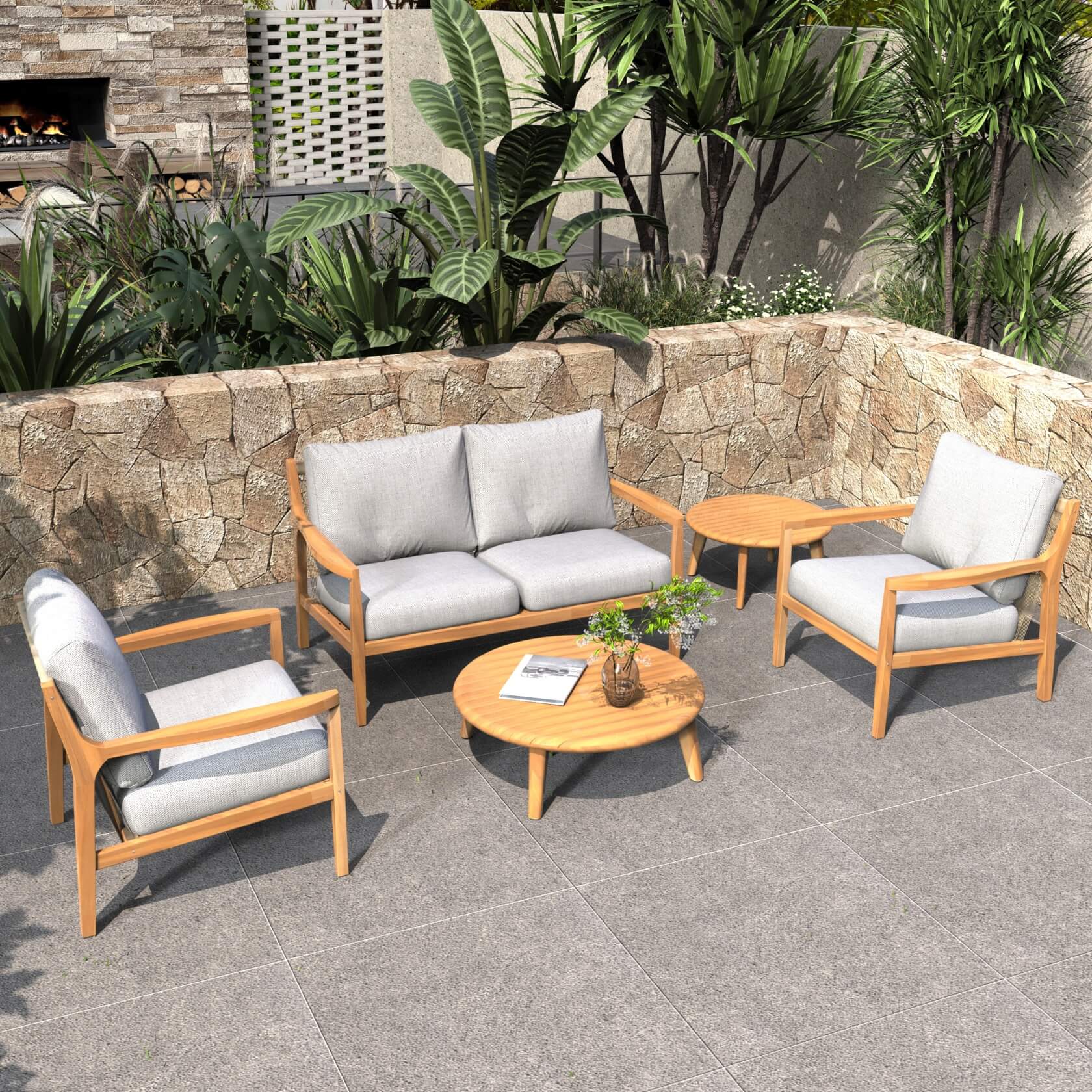 Rebel 4 - Seater Wood Patio Conversation Set with Side Table (PAS - 2513 - 2SC+SC*2+TA+ST) - Direct Wicker