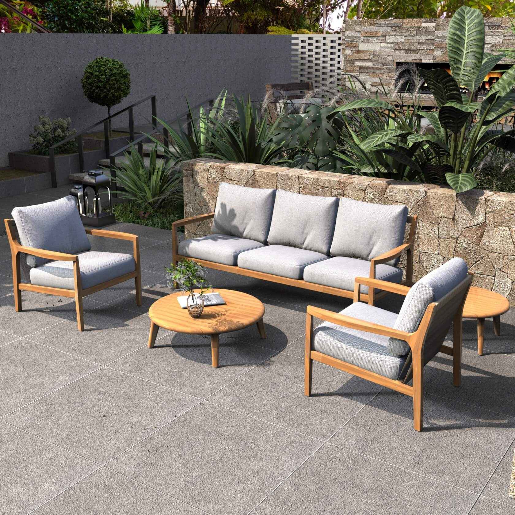 Rebel 5-Seater Wood Patio Conversation Set with Side Table (PAS-2513-3SC+SC*2+TA+ST)