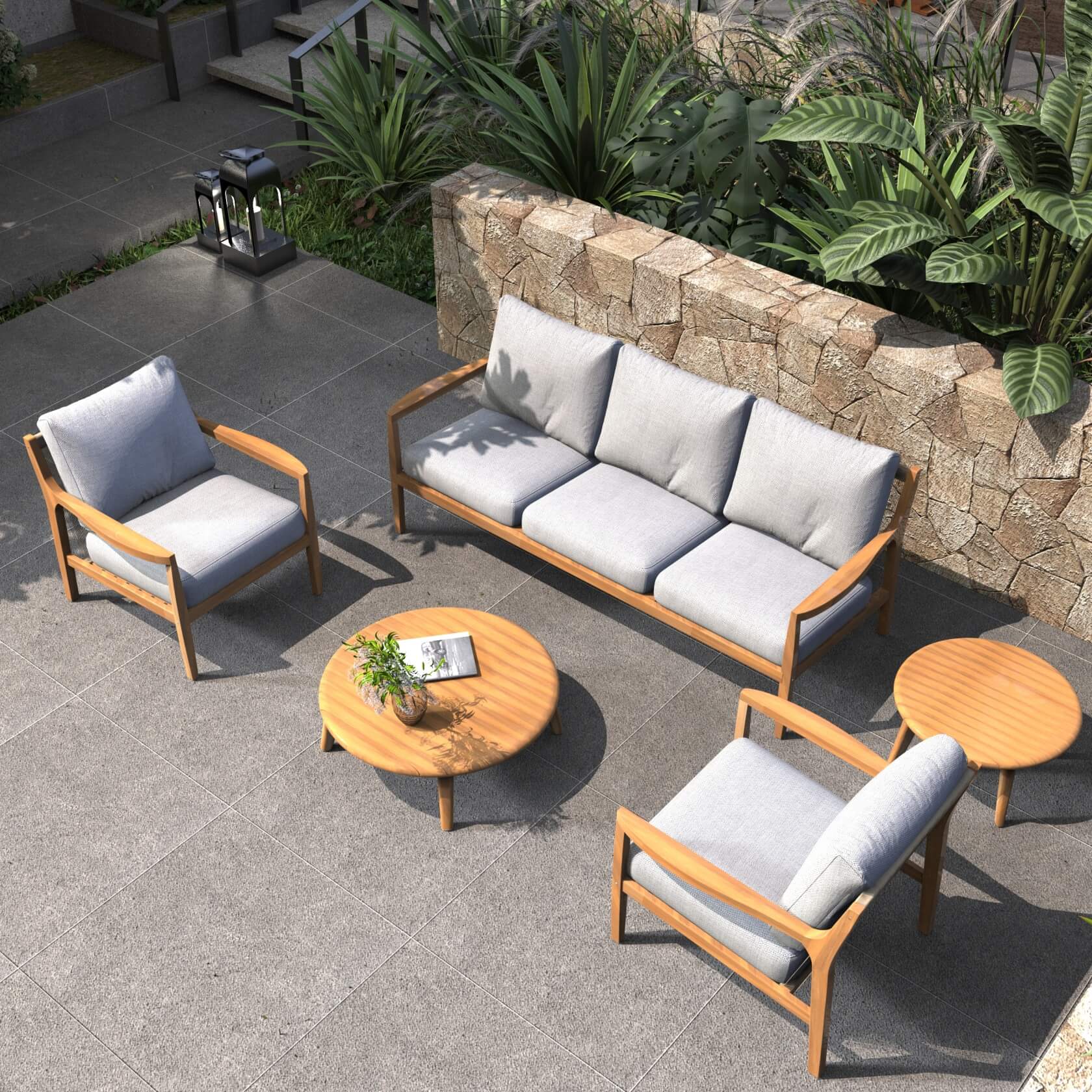 Rebel 5 - Seater Wood Patio Conversation Set with Side Table(PAS - 2513 - 3SC+SC*2+TA+ST) - Direct Wicker