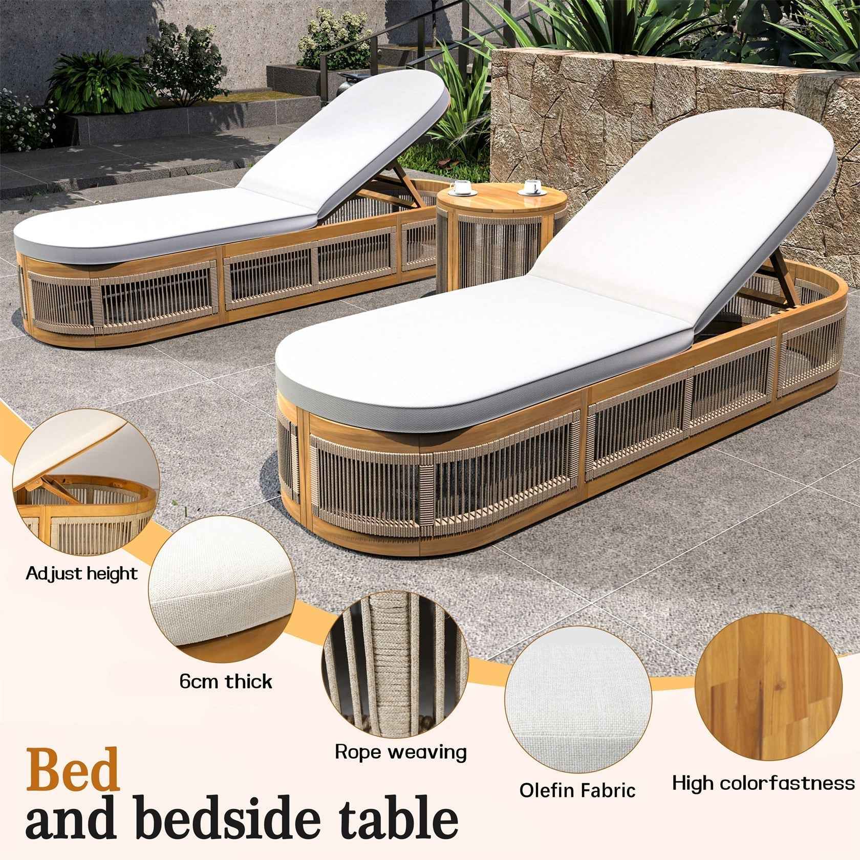 Rebel Solid Wood Lounge Set - 2 Loungers with Side Table, Woven Rope Design (PAL-2518)
