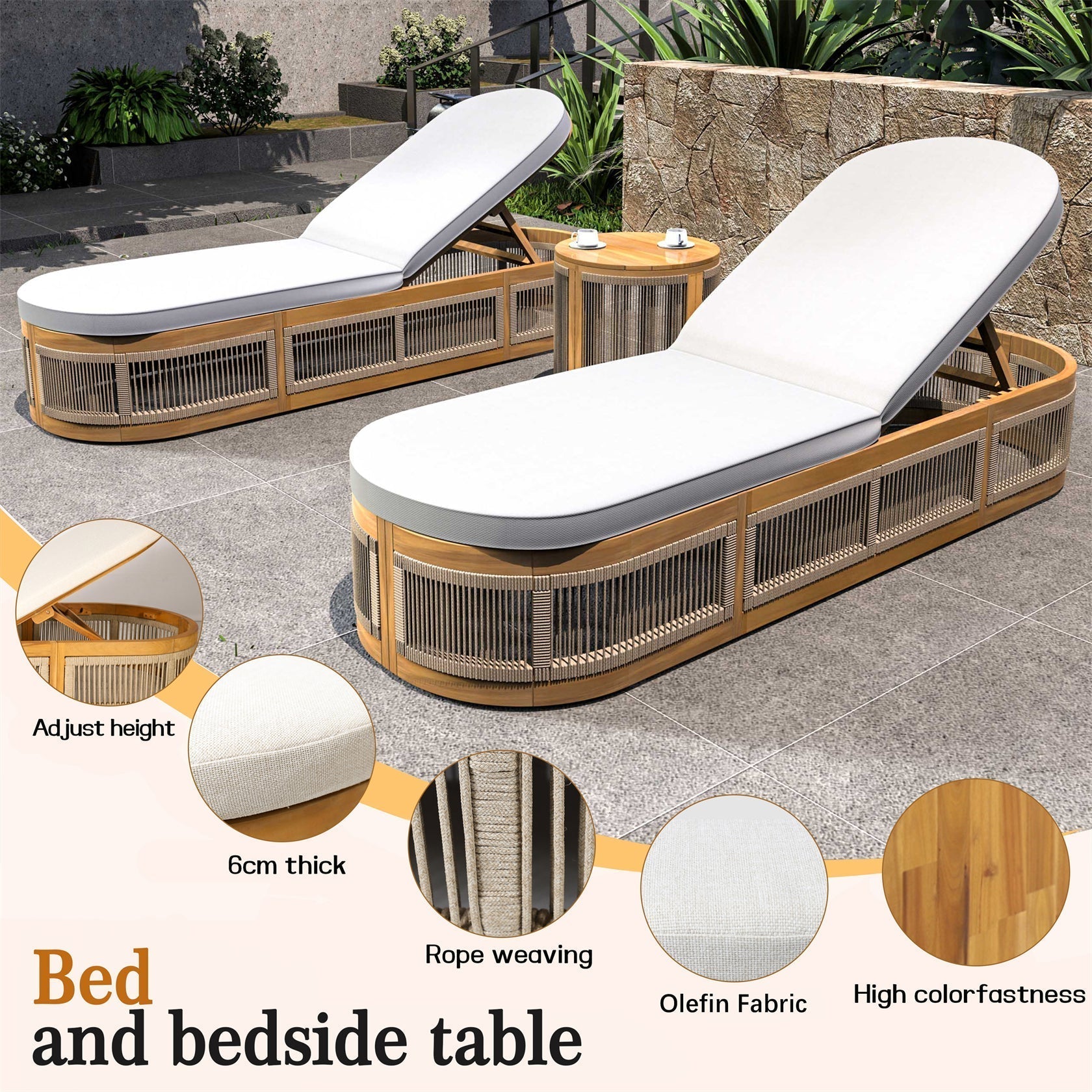 Rebel Solid Wood Lounge Set – Lounger with Side Table, Woven Rope Design (PAL - 2518) - Direct Wicker