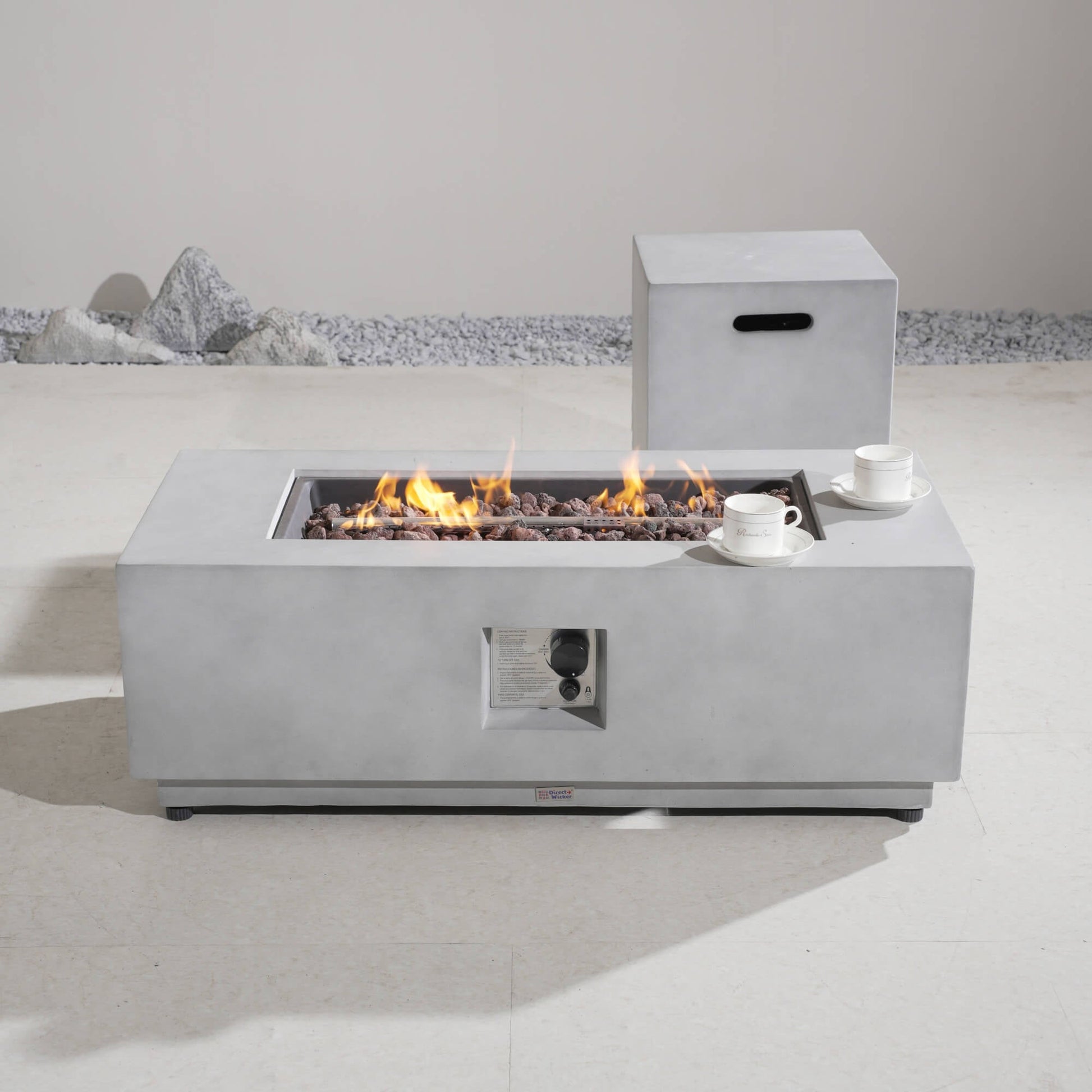 Rectangular Fire Pit Table with Propane Tank Side Table (PAG - 24924 - SET) - Direct Wicker
