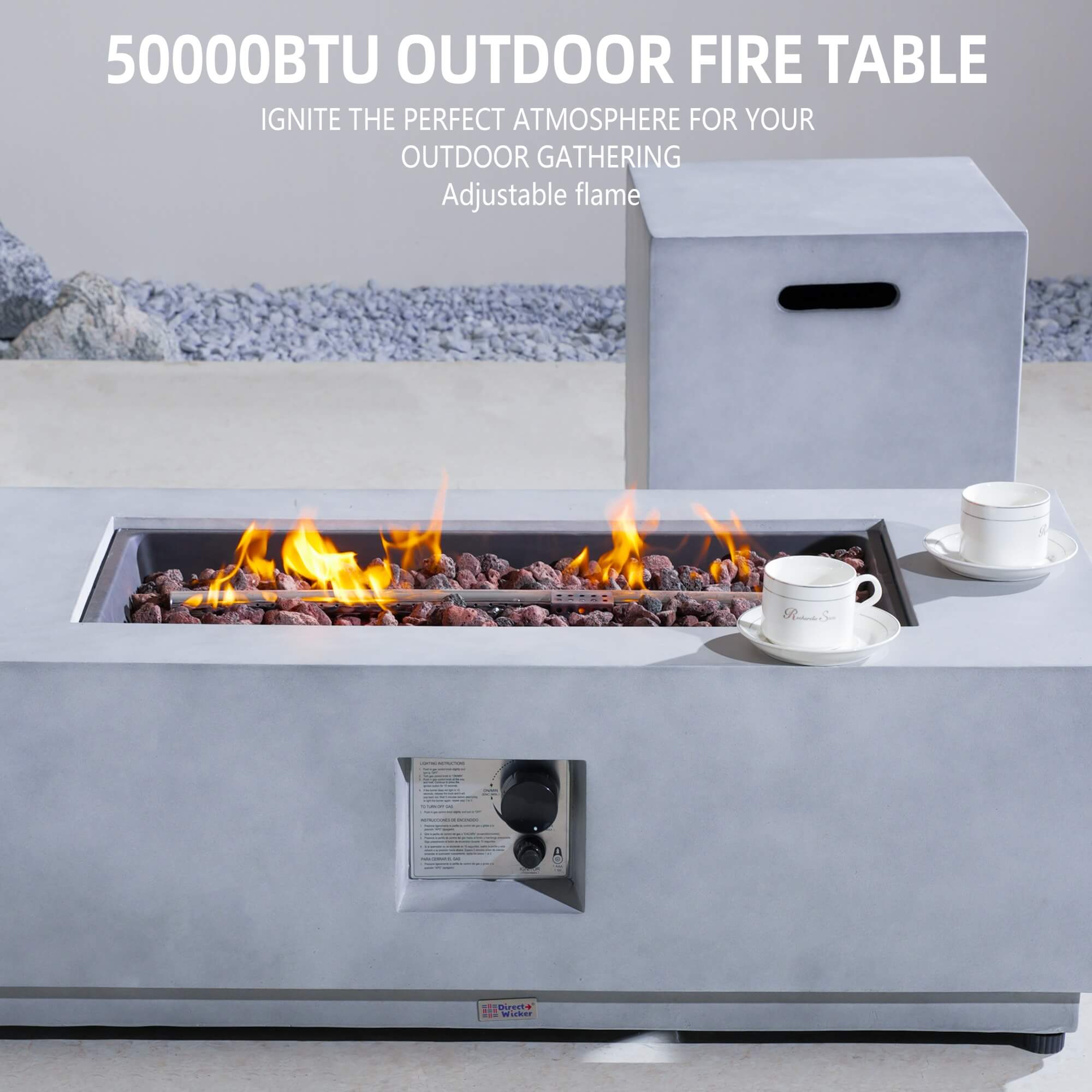 Rectangular Fire Pit Table with Propane Tank Side Table (PAG - 24924 - SET) - Direct Wicker