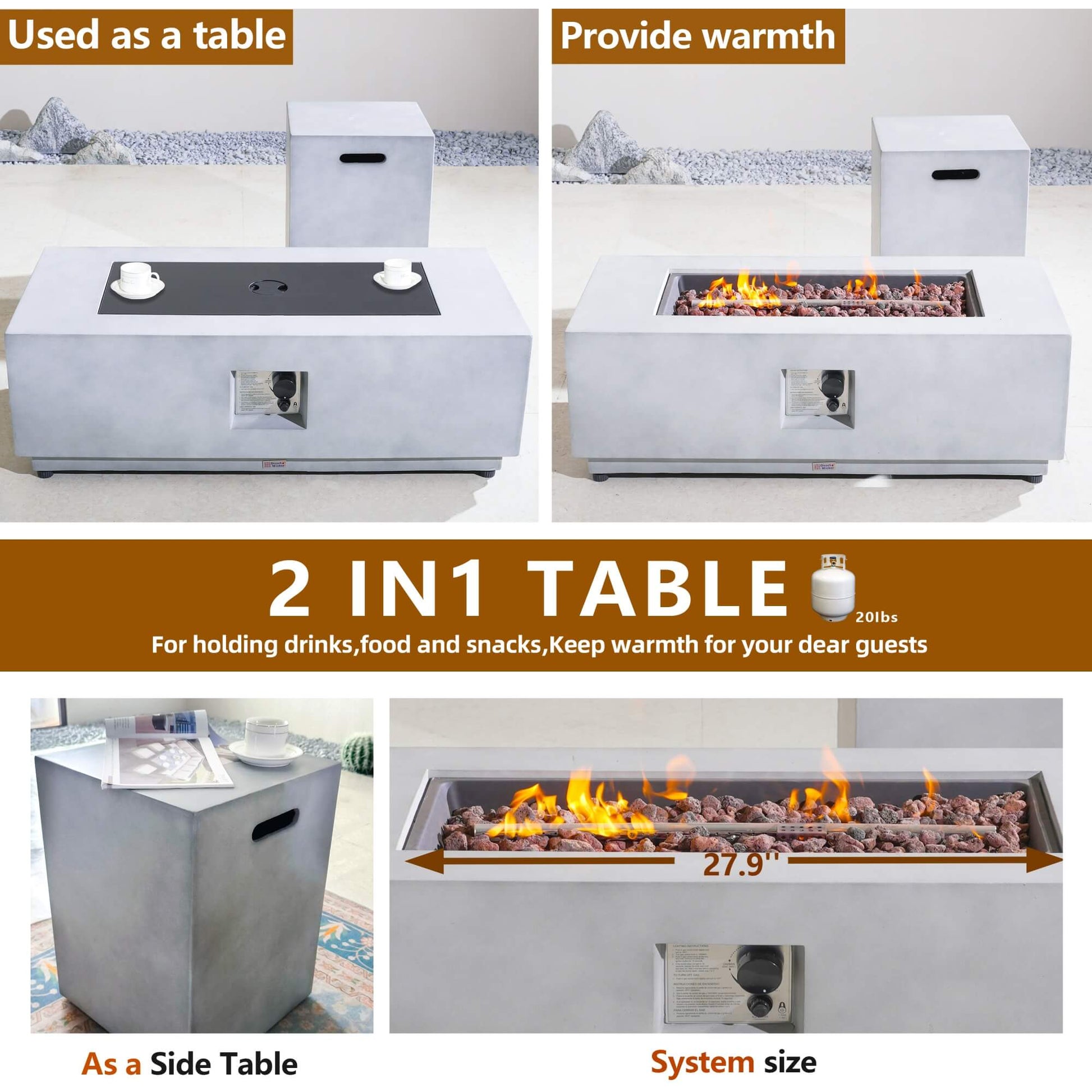 Rectangular Fire Pit Table with Propane Tank Side Table (PAG - 24924 - SET) - Direct Wicker