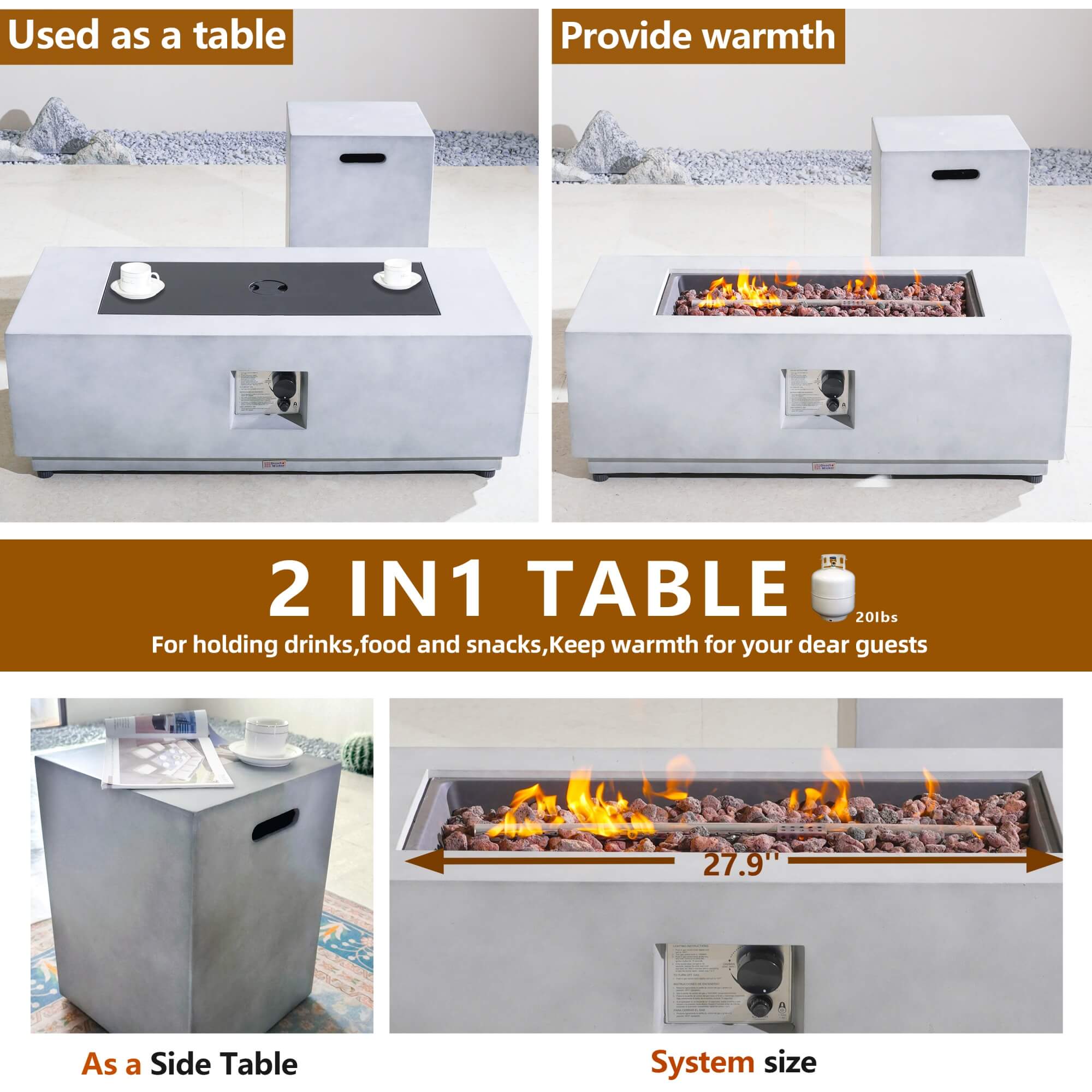 Rectangular Fire Pit Table with Propane Tank Side Table (PAG - 24924 - SET) - Direct Wicker
