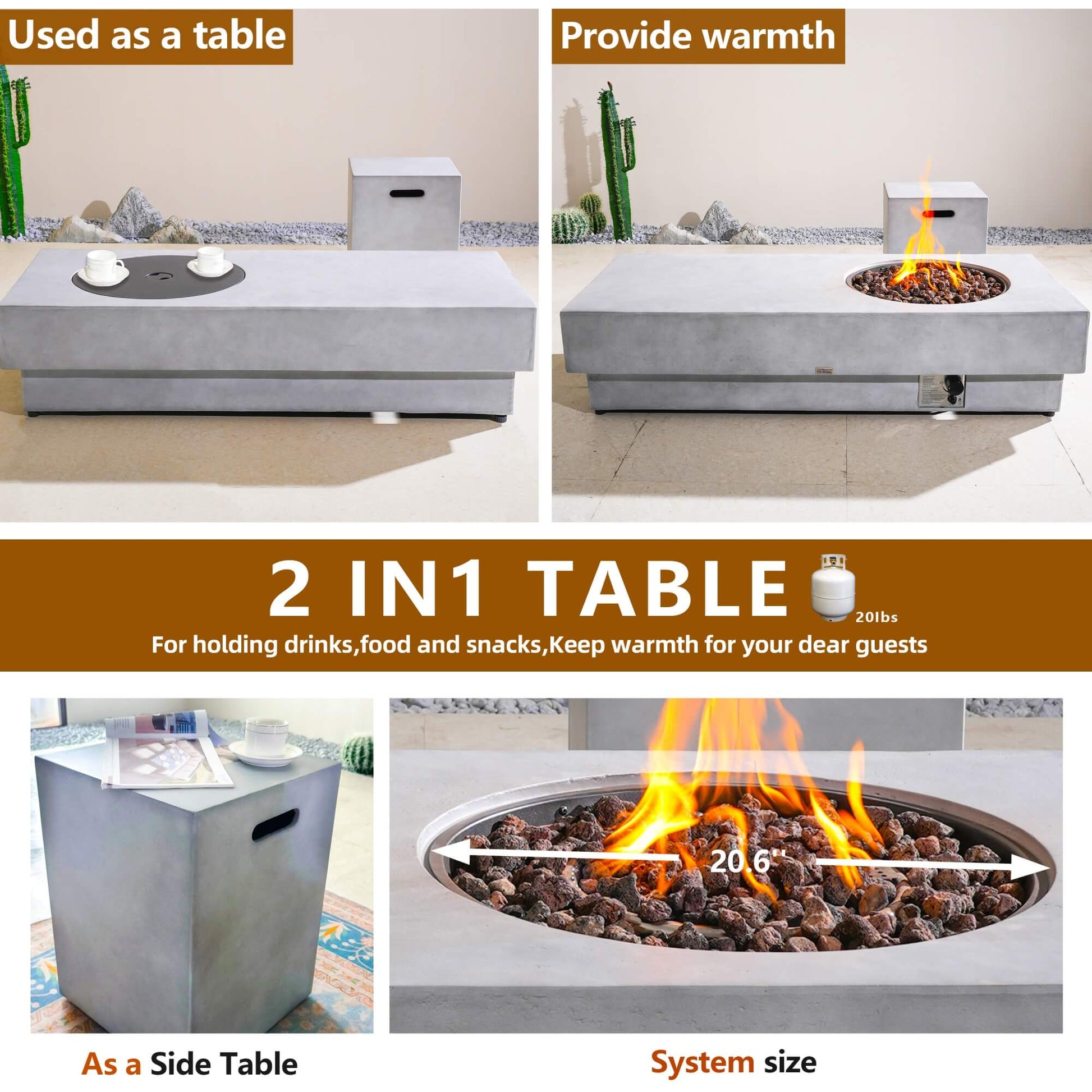 Round Fire Pit Table with Propane Tank Side Table (PAG - 24923 - SET) - Direct Wicker