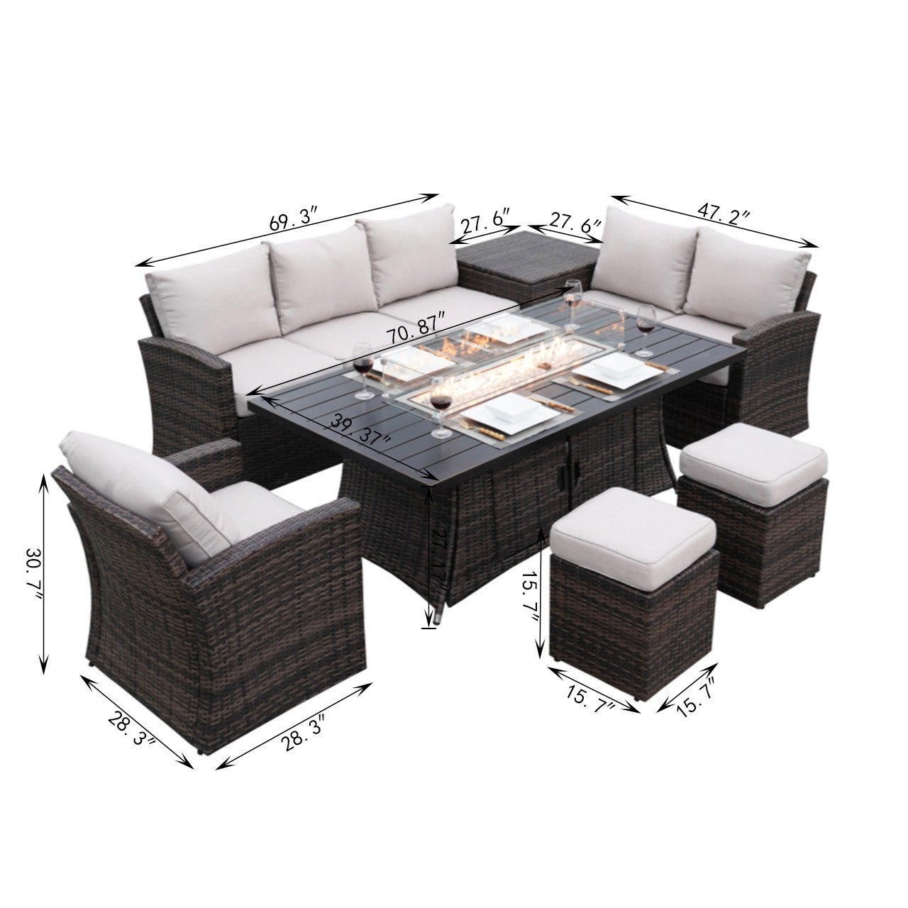 Santiago 6 - Piece Outdoor Conversation Set with Aluminum Firepit Table (PAS - 1403B+1106RA) - Direct Wicker