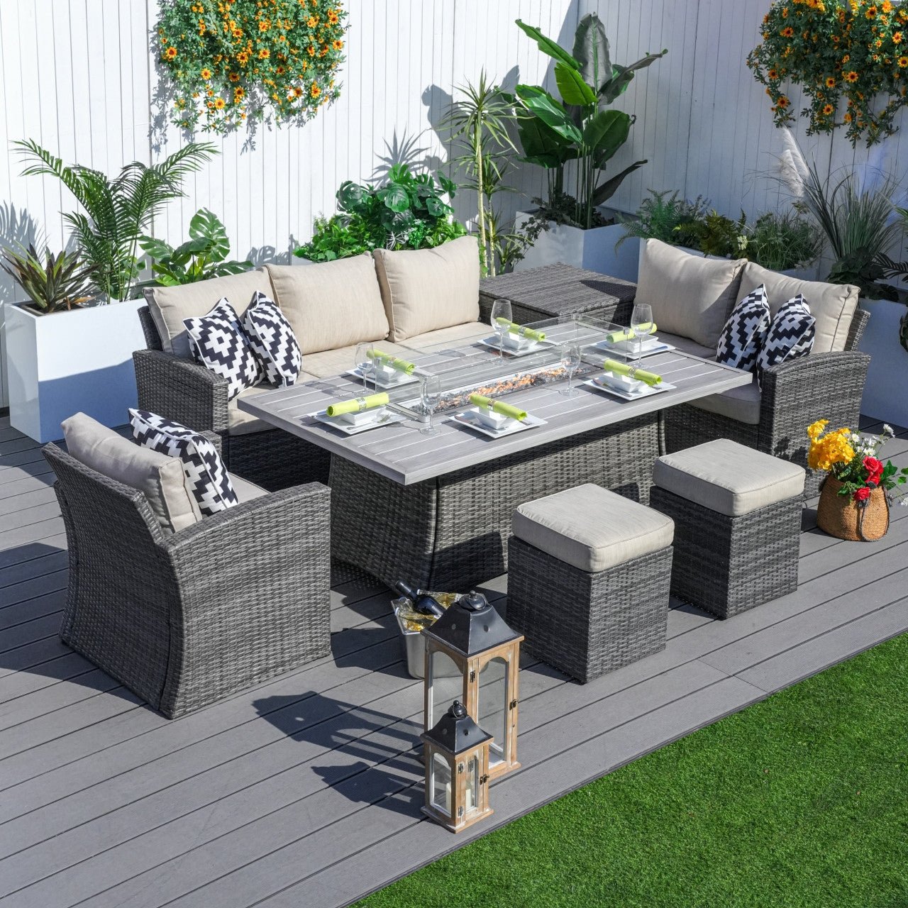 Santiago 6 - Piece Outdoor Conversation Set with Aluminum Firepit Table (PAS - 1403B+1106RA) - Direct Wicker