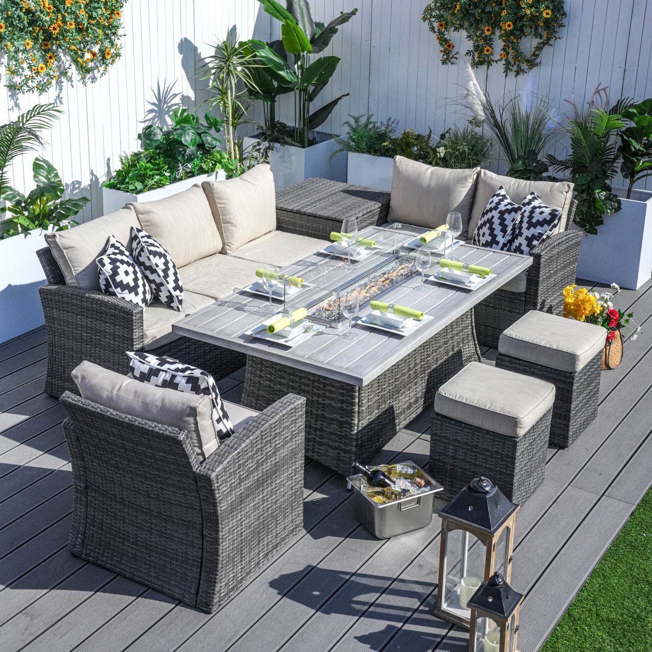 Santiago 6 - Piece Outdoor Conversation Set with Aluminum Firepit Table (PAS - 1403B+1106RA) - Direct Wicker