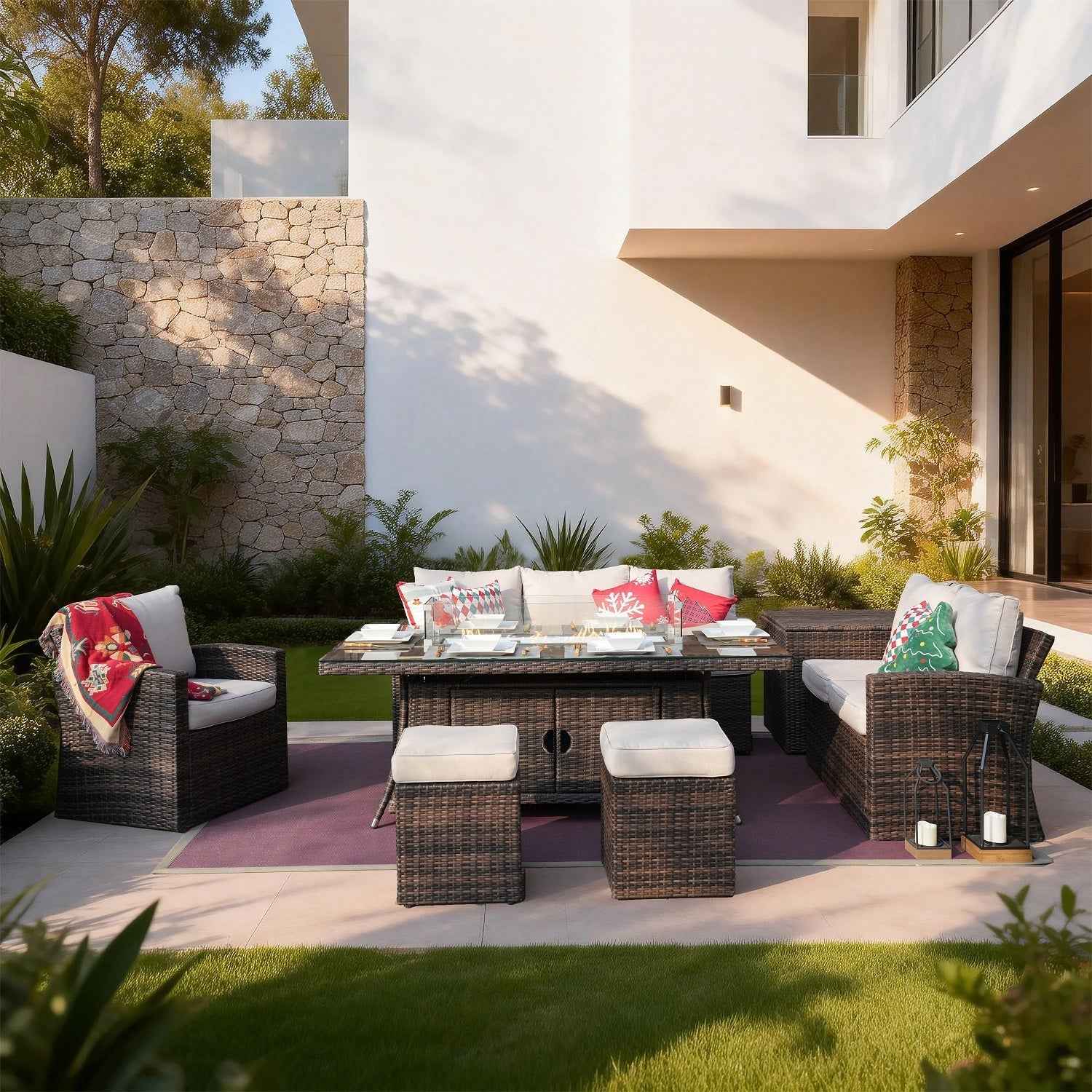 Santiago 6-Piece Outdoor Conversation Set with Rectangular Firepit Table (PAS-1403B+1106R)