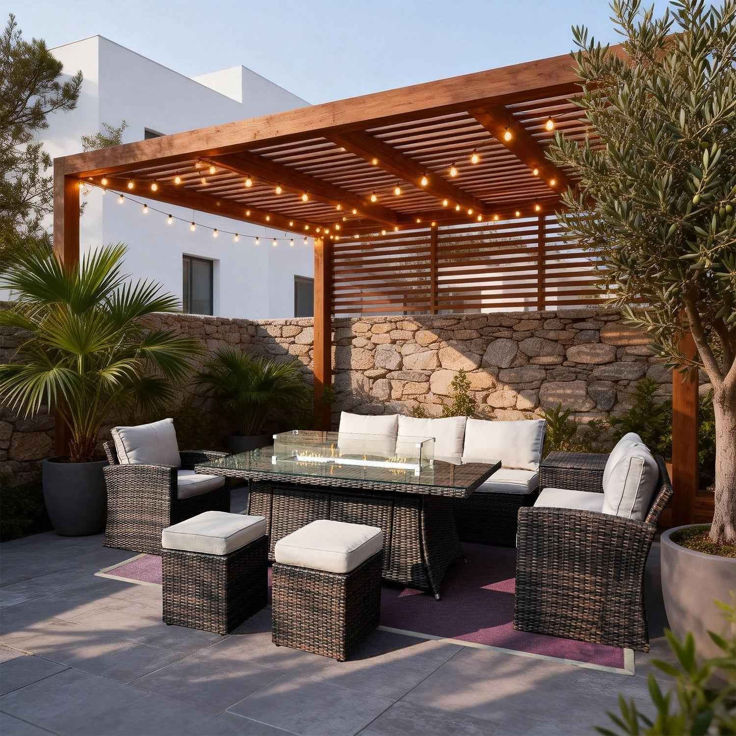 Santiago 6-Piece Outdoor Conversation Set with Rectangular Firepit Table (PAS-1403B+1106R)