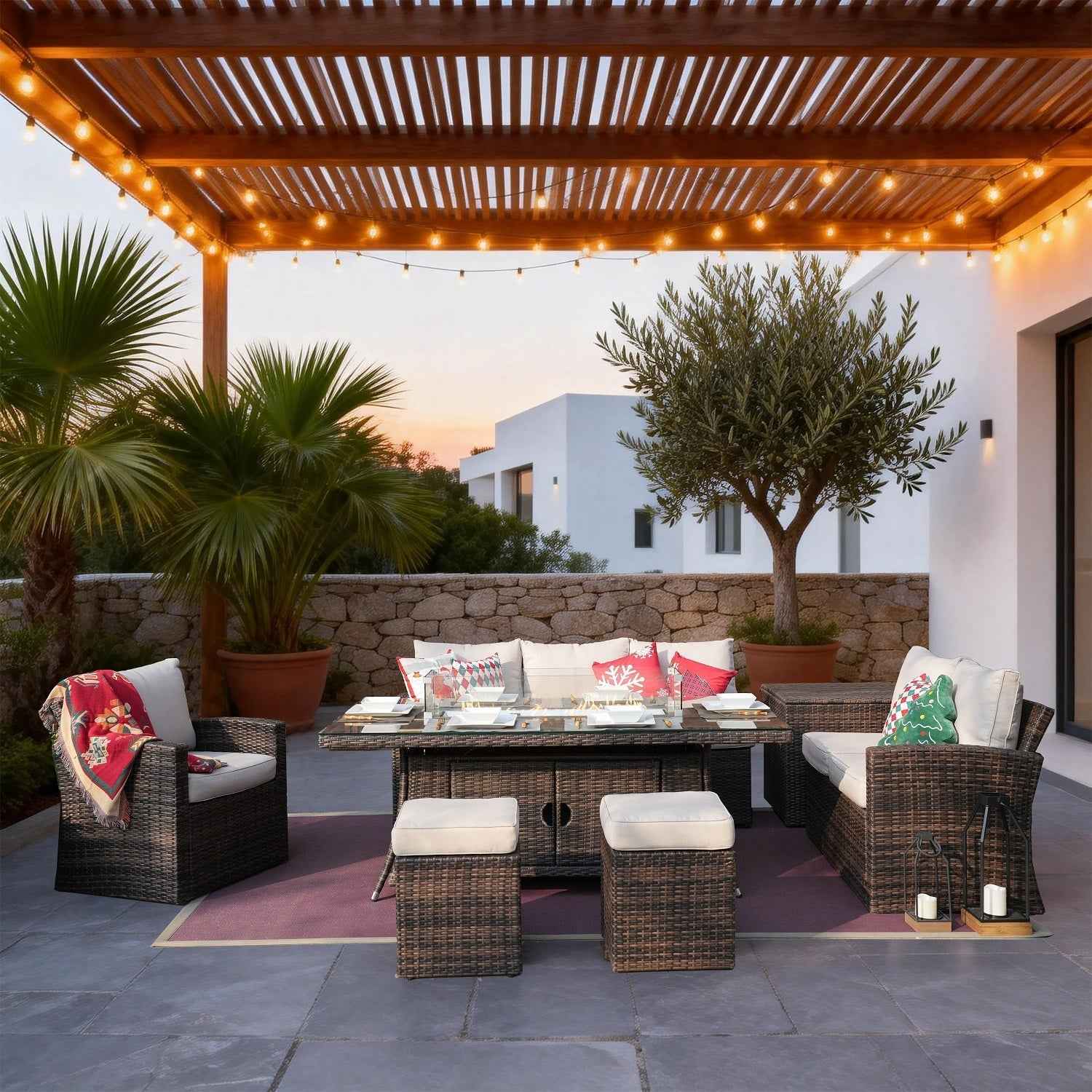 Santiago 6-Piece Outdoor Conversation Set with Rectangular Firepit Table (PAS-1403B+1106R)