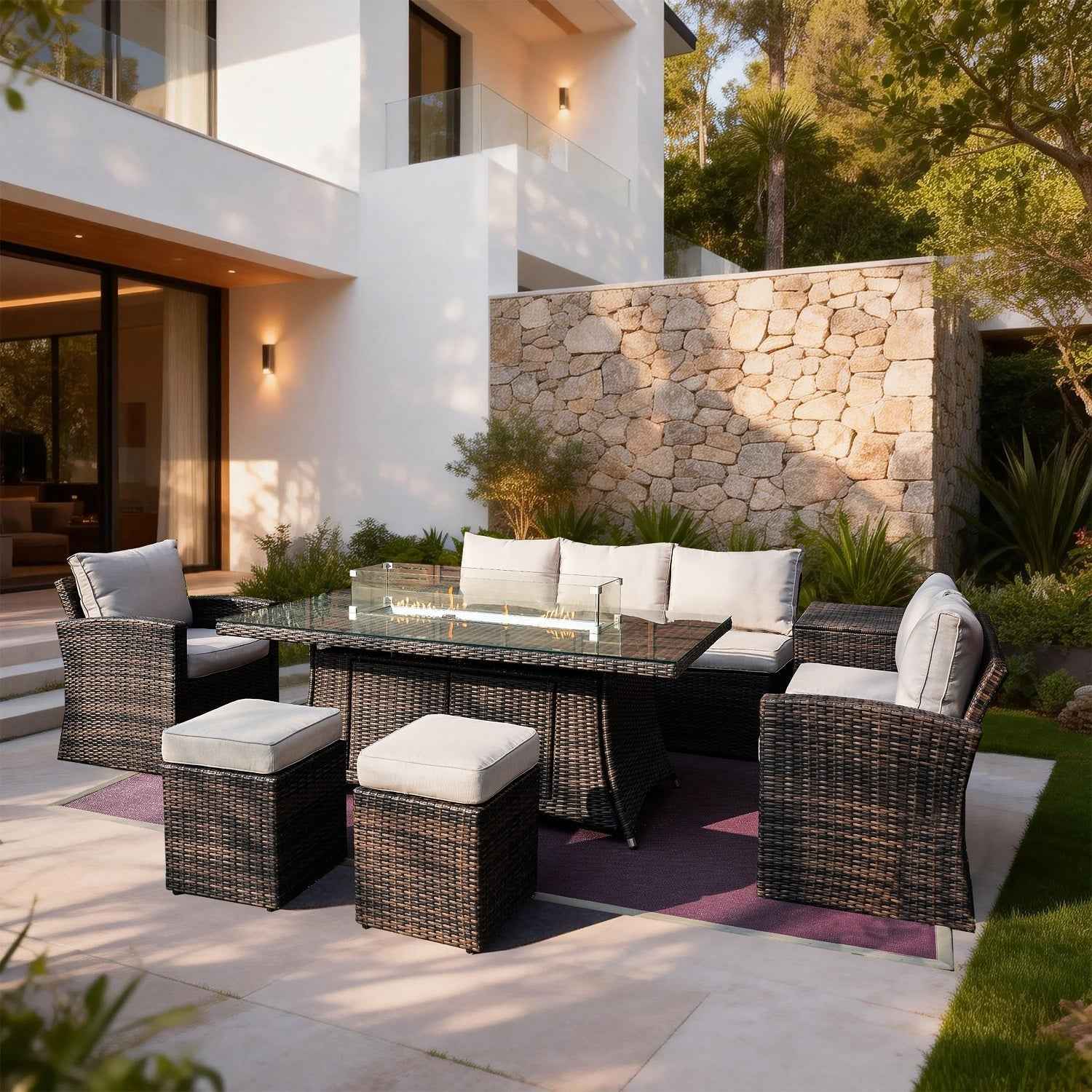Santiago 6-Piece Outdoor Conversation Set with Rectangular Firepit Table (PAS-1403B+1106R)