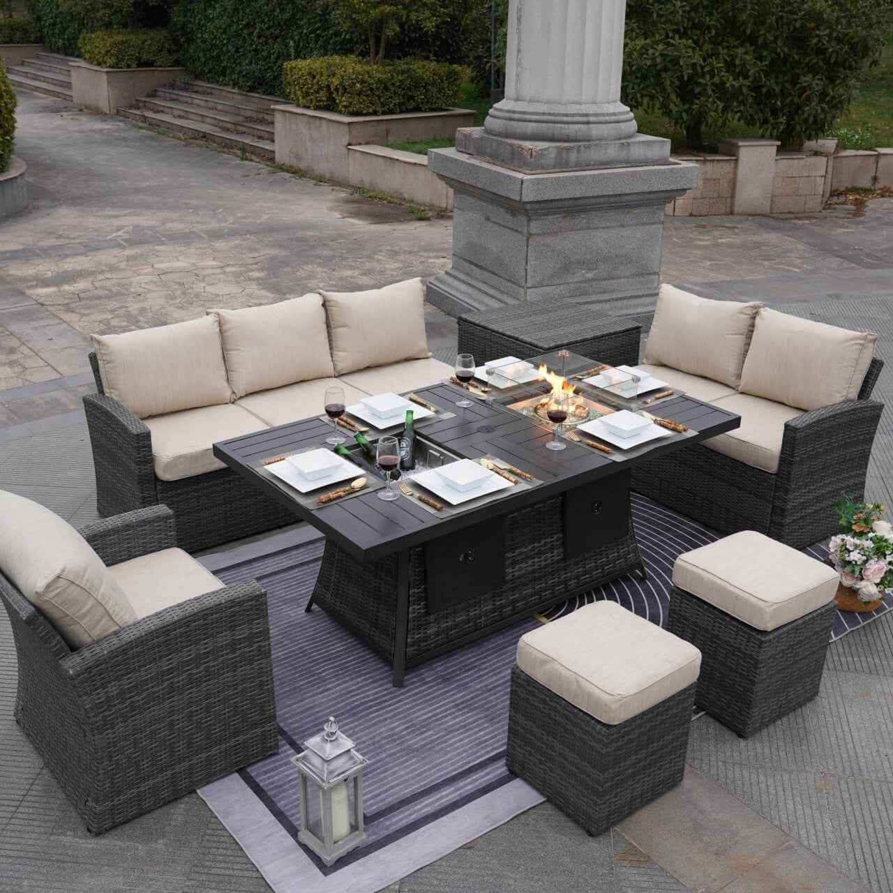 Santiago 6-Pieces Outdoor Conversation Set with Rectangular Firepit Table (PAS-1403B+1106FI)
