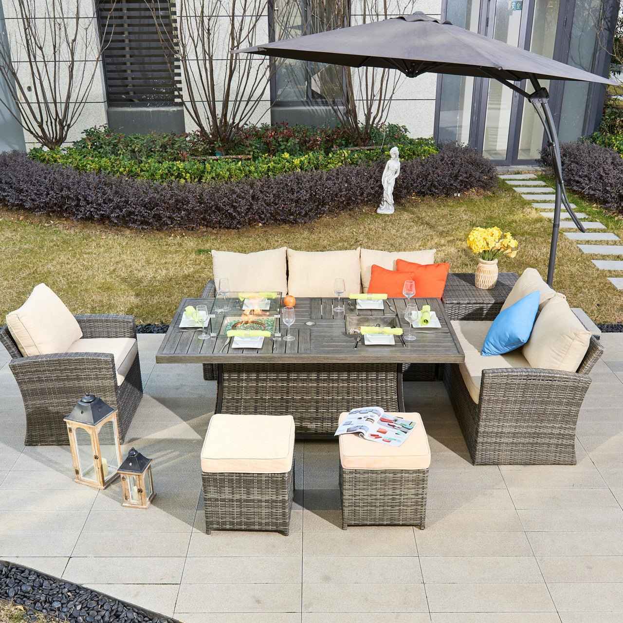 Santiago 6-Pieces Outdoor Conversation Set with Rectangular Firepit Table (PAS-1403B+1106FI)