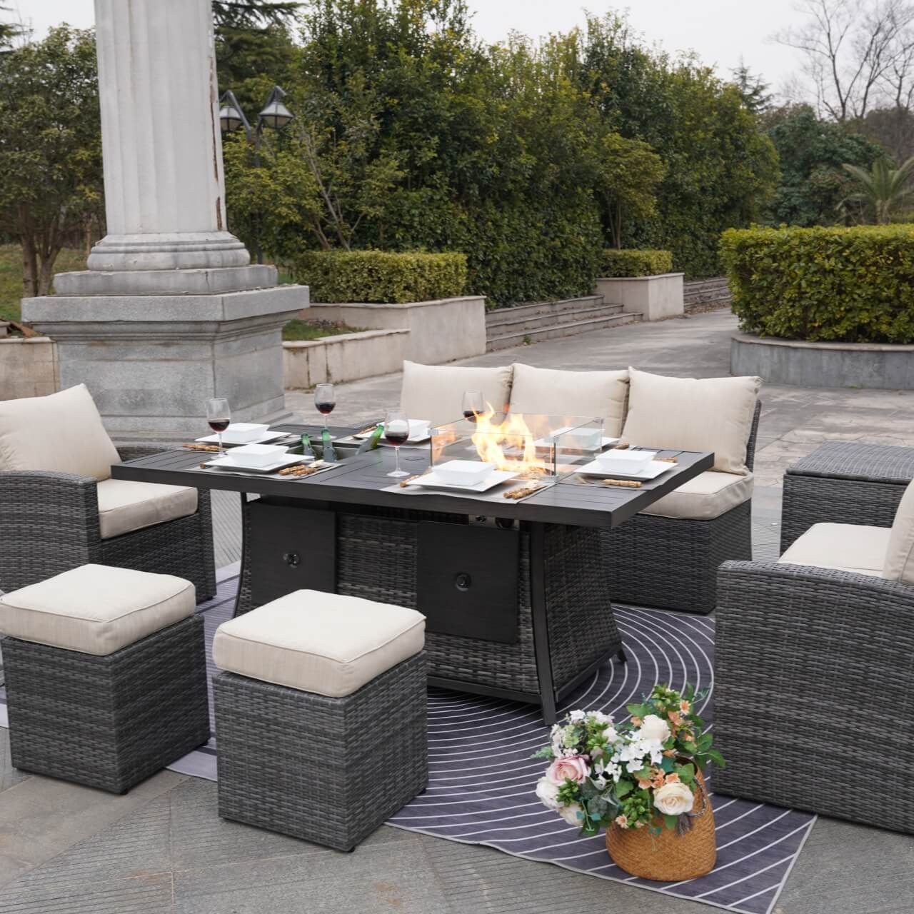 Santiago 6 - Pieces Outdoor Conversation Set with Rectangular Firepit Table (PAS - 1403B+1106FI) - Direct Wicker