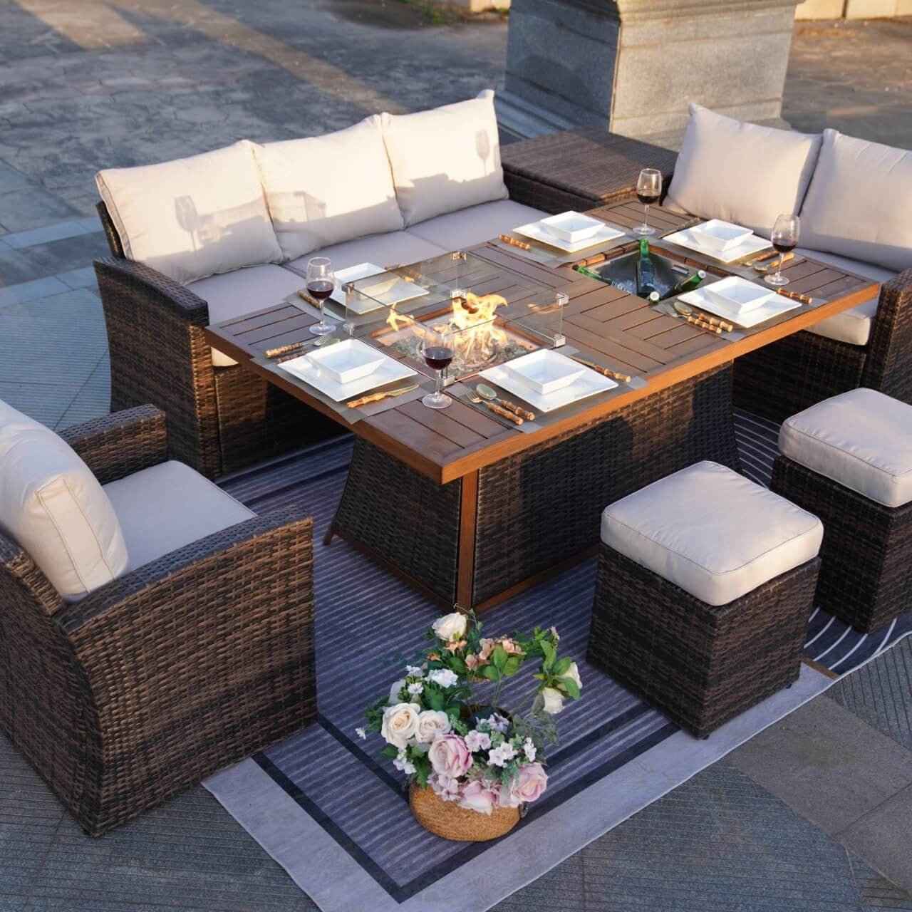 Santiago 6-Pieces Outdoor Conversation Set with Rectangular Firepit Table (PAS-1403B+1106FI)