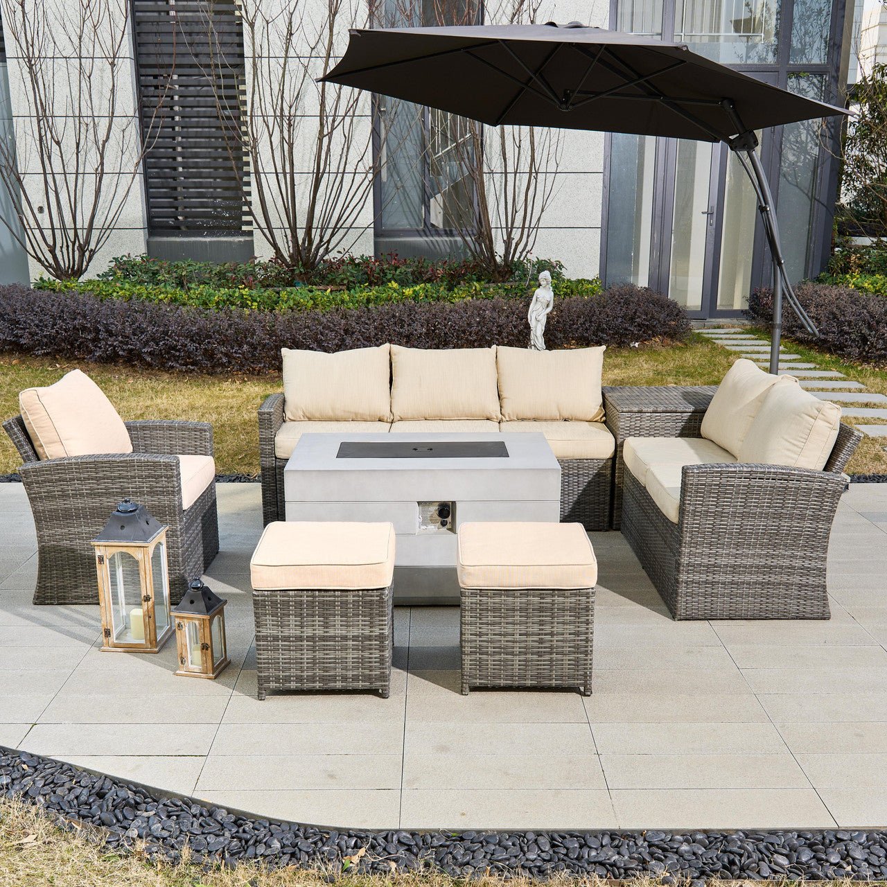 Santiago 6 - Pieces Outdoor Conversation Set with Rectangular Firepit Table (PAS - 1403B+2150) - Direct Wicker