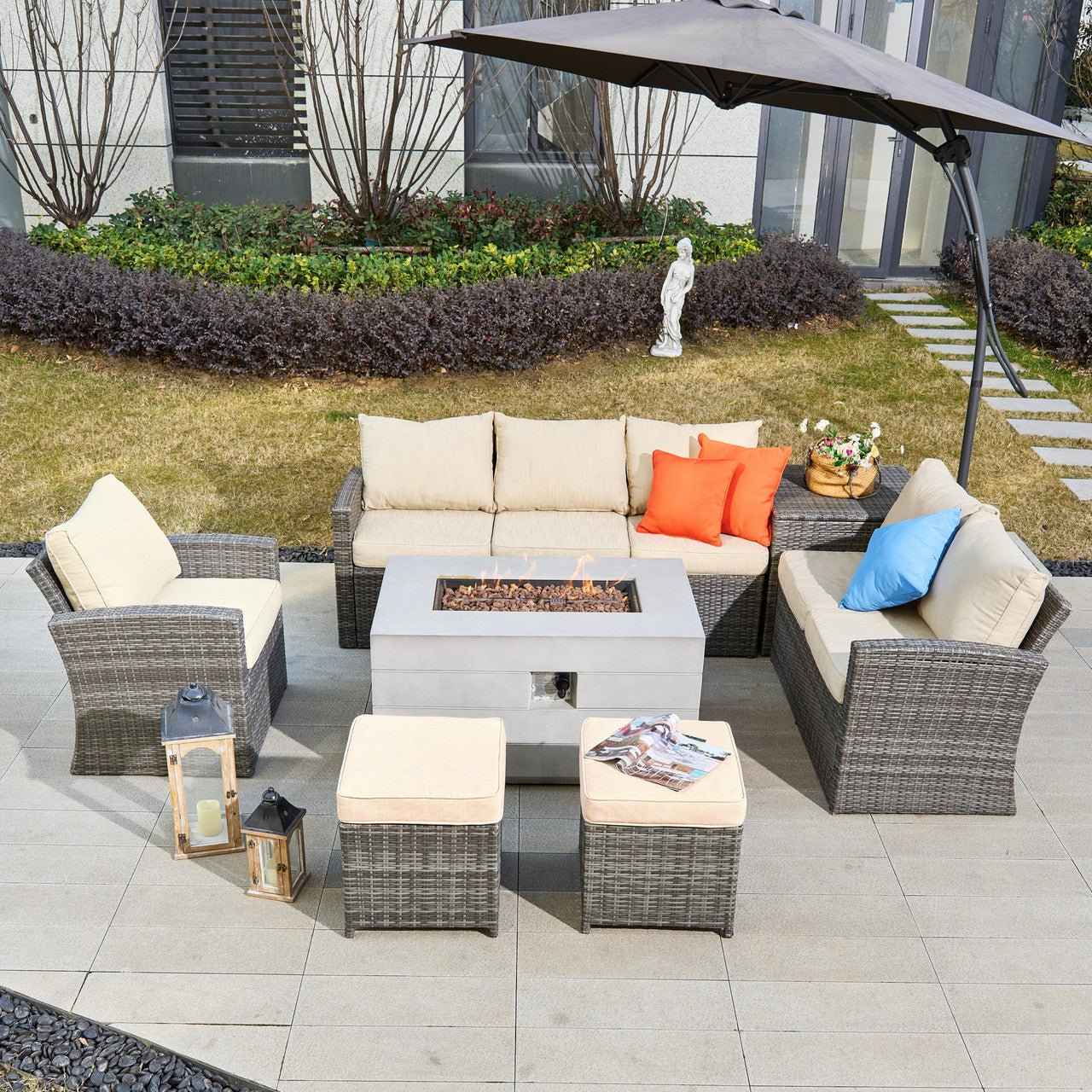 Santiago 7-Piece Outdoor Conversation Set with Rectangular Firepit Table (PAS-1403B+2150)