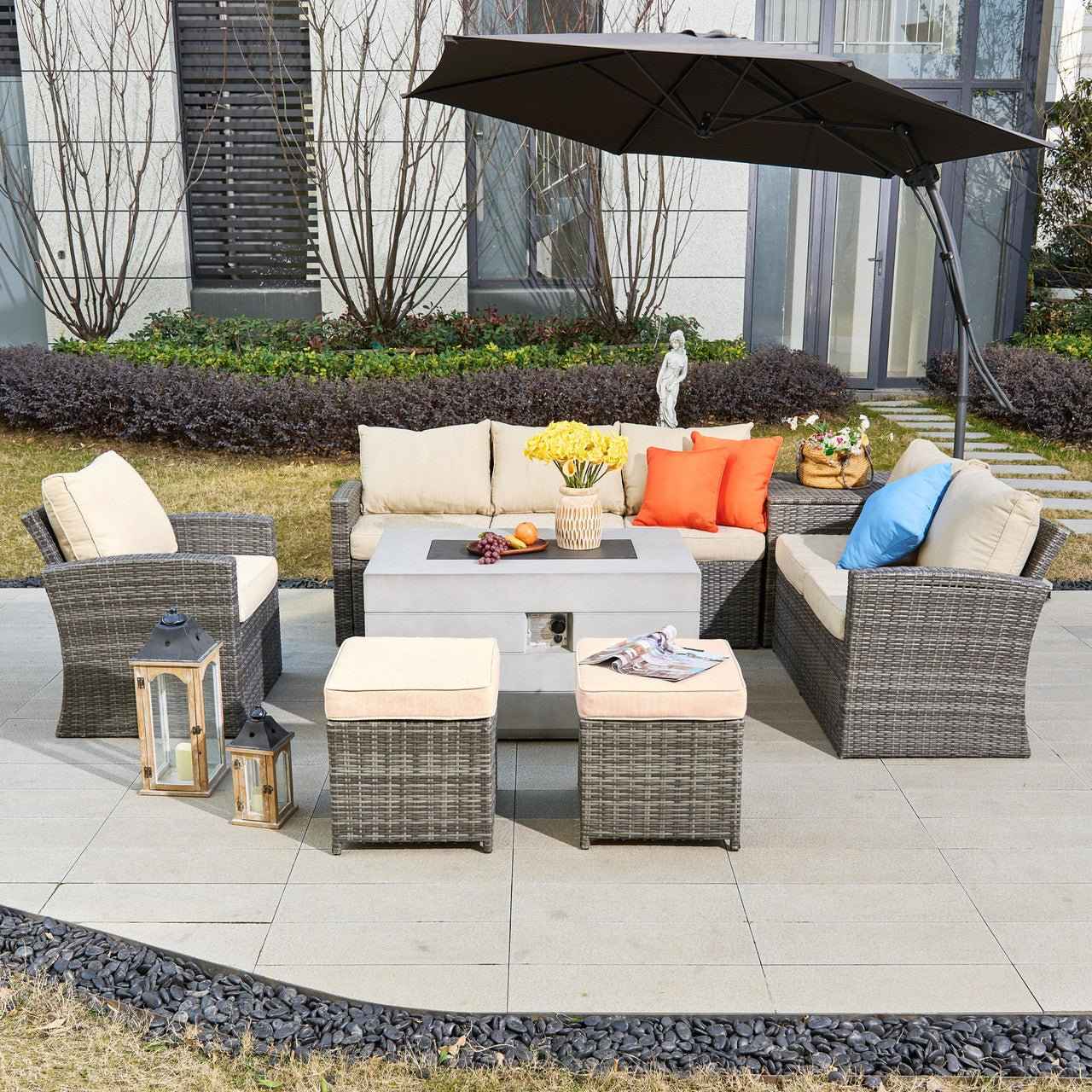 Santiago 7-Piece Outdoor Conversation Set with Rectangular Firepit Table (PAS-1403B+2150)