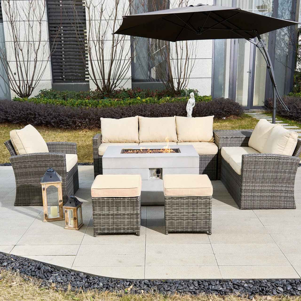 Santiago 7-Piece Outdoor Conversation Set with Rectangular Firepit Table (PAS-1403B+2150)