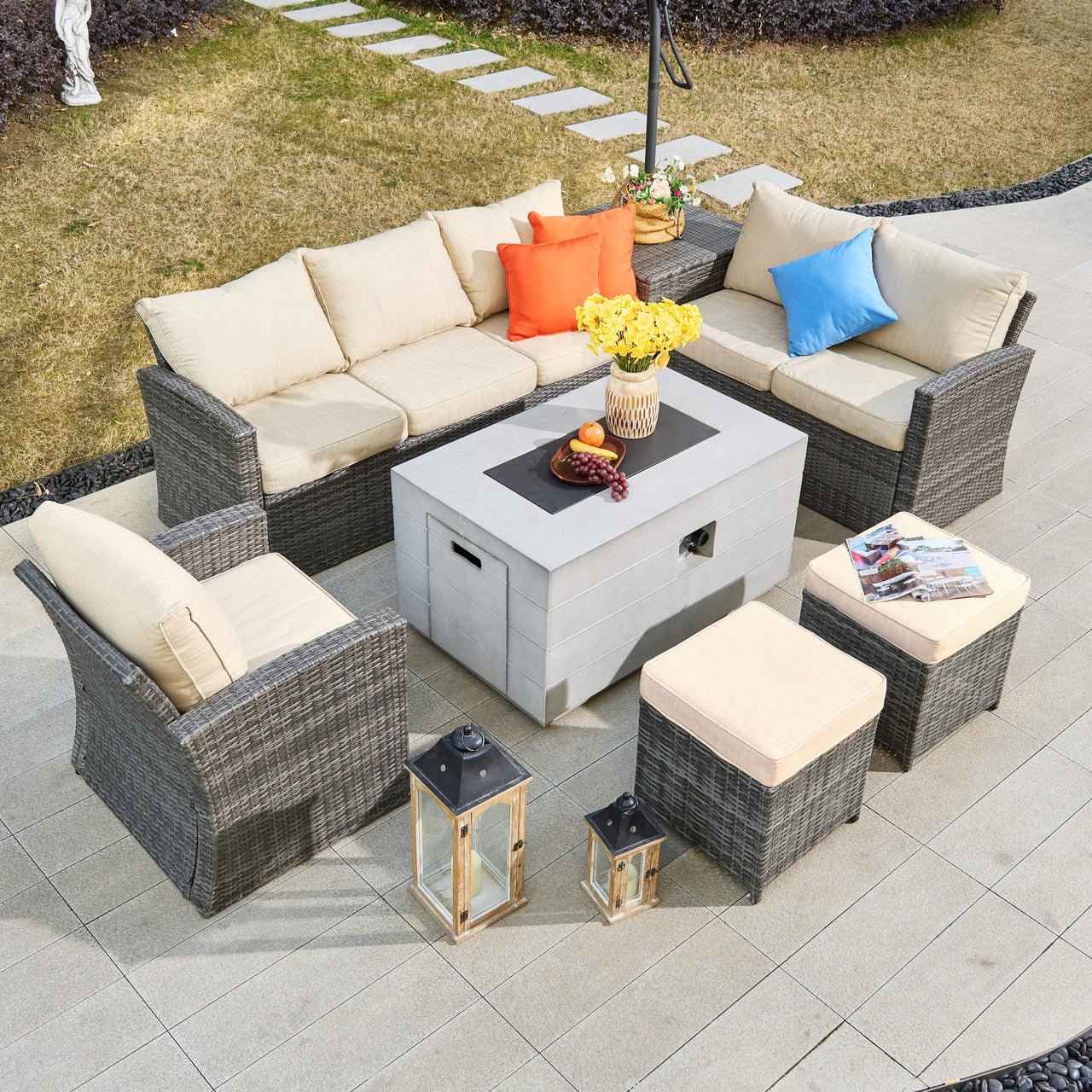 Santiago 7-Piece Outdoor Conversation Set with Rectangular Firepit Table (PAS-1403B+2150)