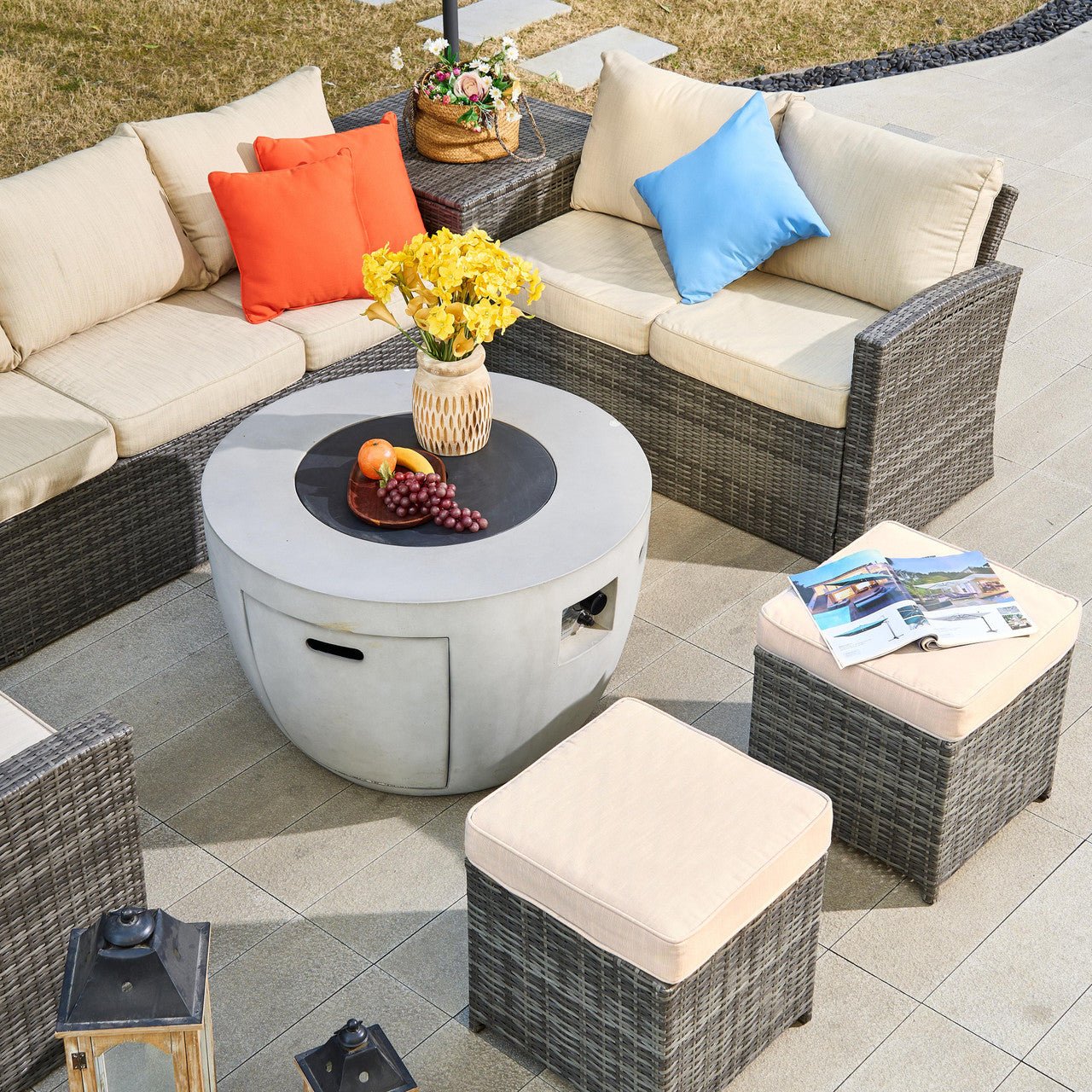 Santiago 6 - Pieces Outdoor Conversation Set with Round Firepit Table (PAS - 1403B+2160) - Direct Wicker
