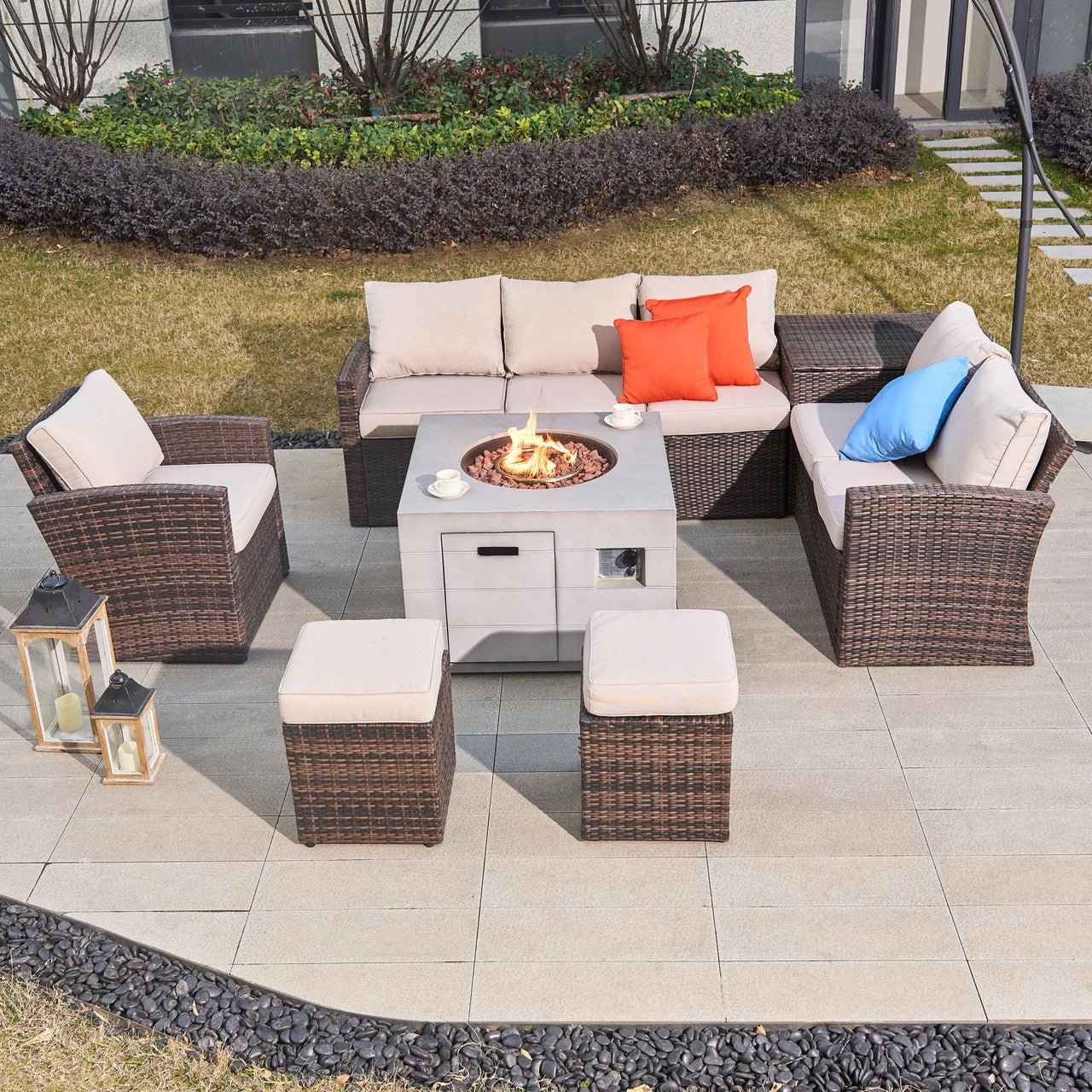 Santiago 6-Piece Outdoor Conversation Set with Square Fire Pit Table (PAS-1403B-BR+2140)