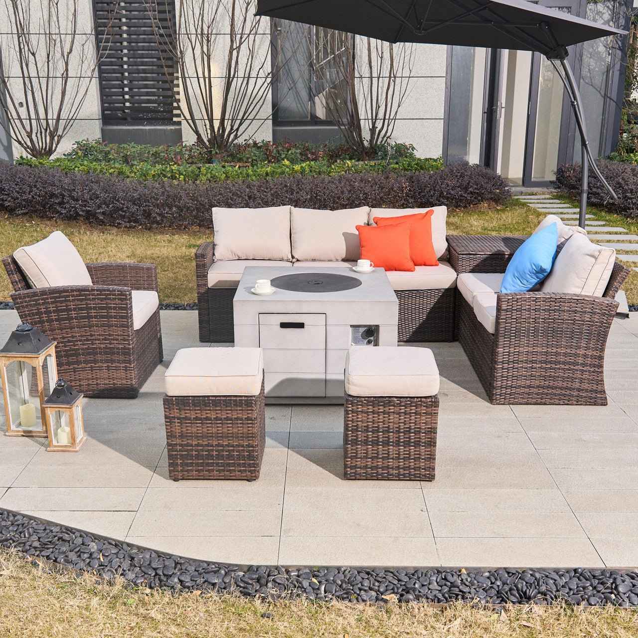 Santiago 6-Piece Outdoor Conversation Set with Square Fire Pit Table (PAS-1403B-BR+2140)