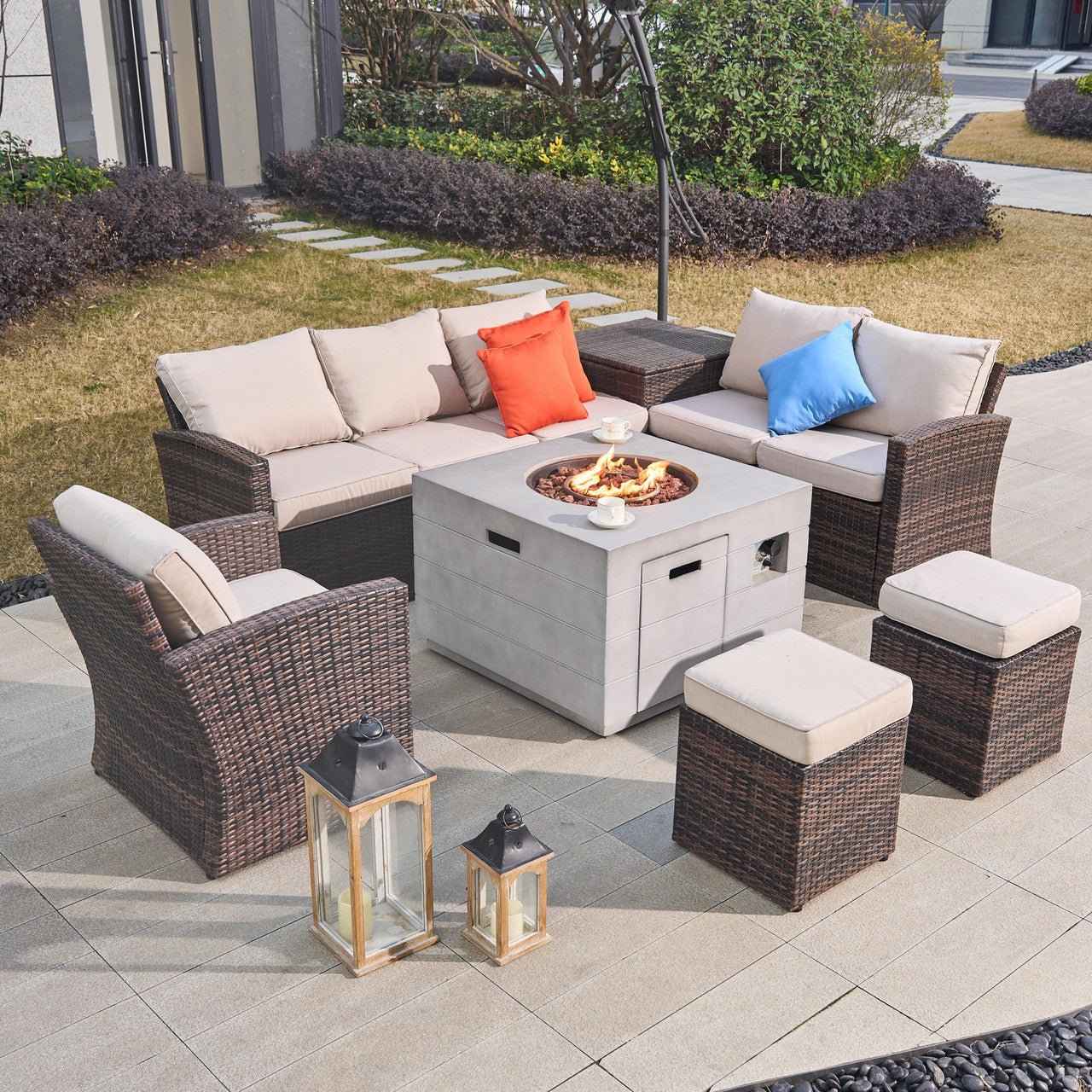Santiago 6-Piece Outdoor Conversation Set with Square Fire Pit Table (PAS-1403B-BR+2140)